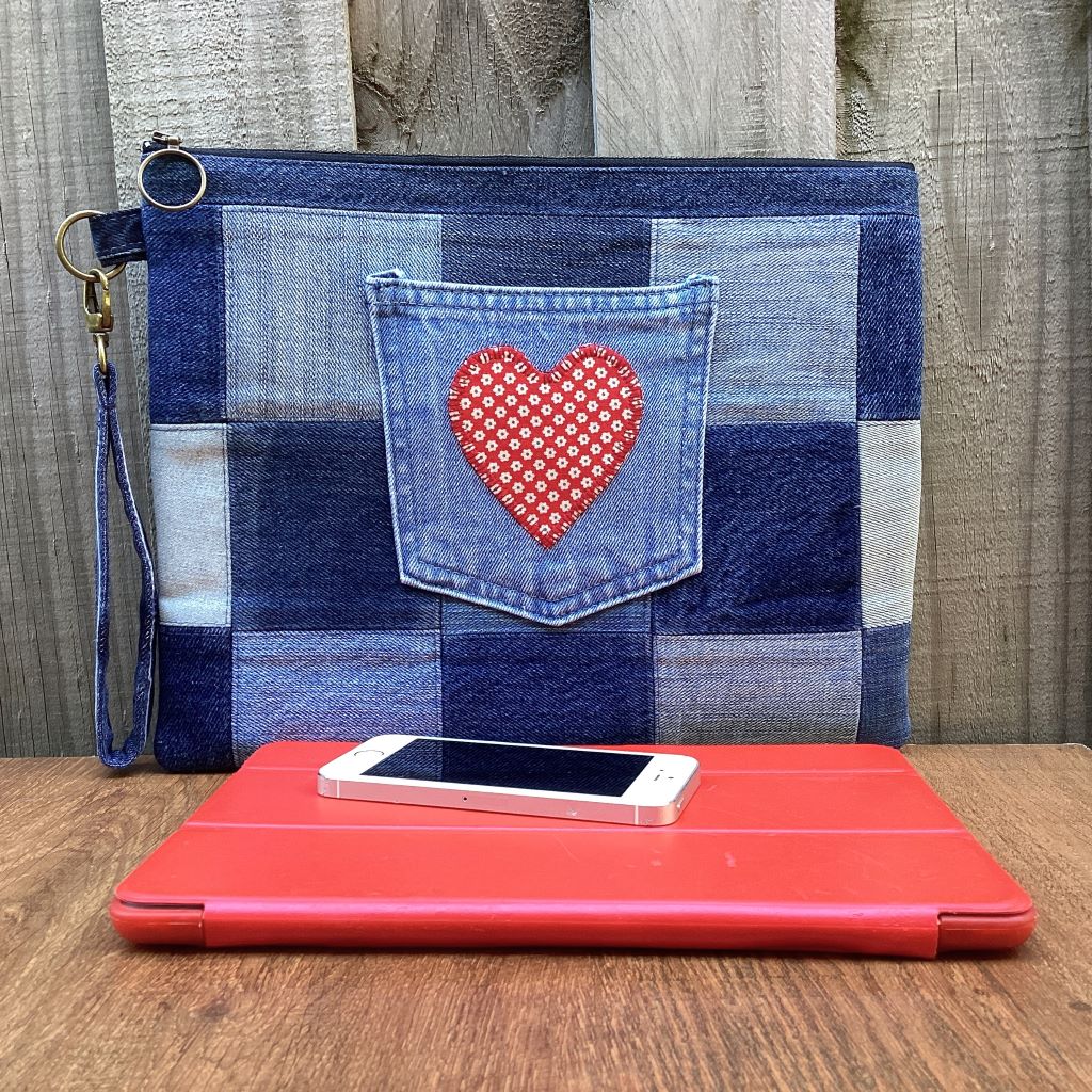 Large Upcycled Denim Pouch – Red Pocket Heart