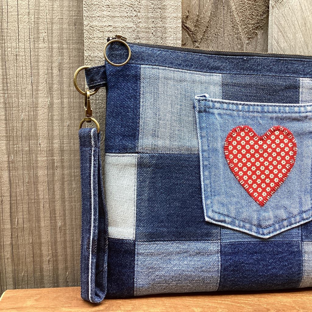 Large Upcycled Denim Pouch – Red Pocket Heart