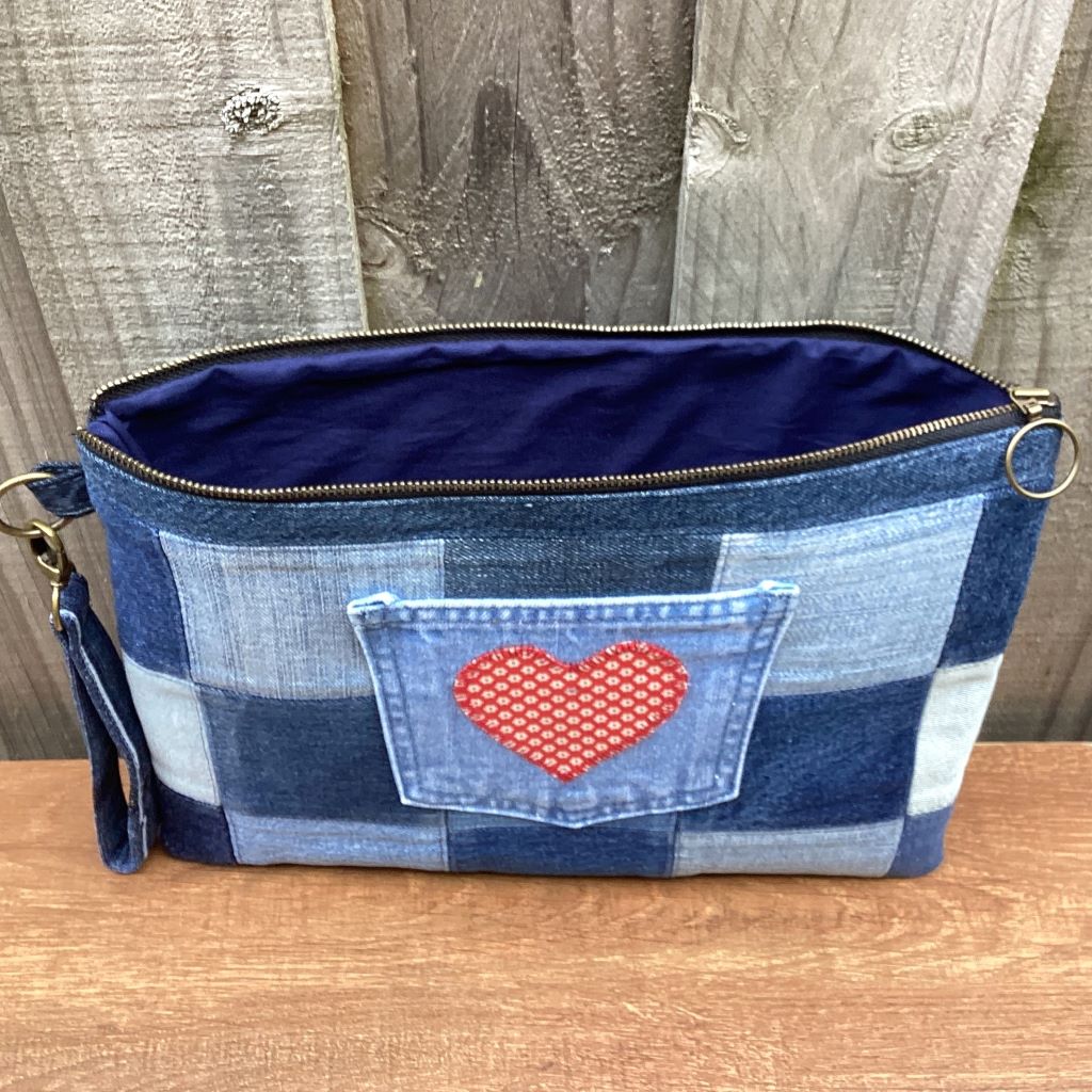 Large Upcycled Denim Pouch – Red Pocket Heart