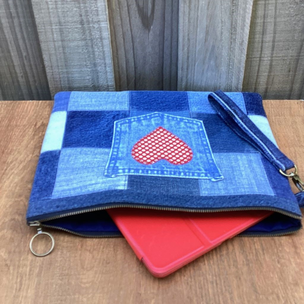 Large Upcycled Denim Pouch – Red Pocket Heart