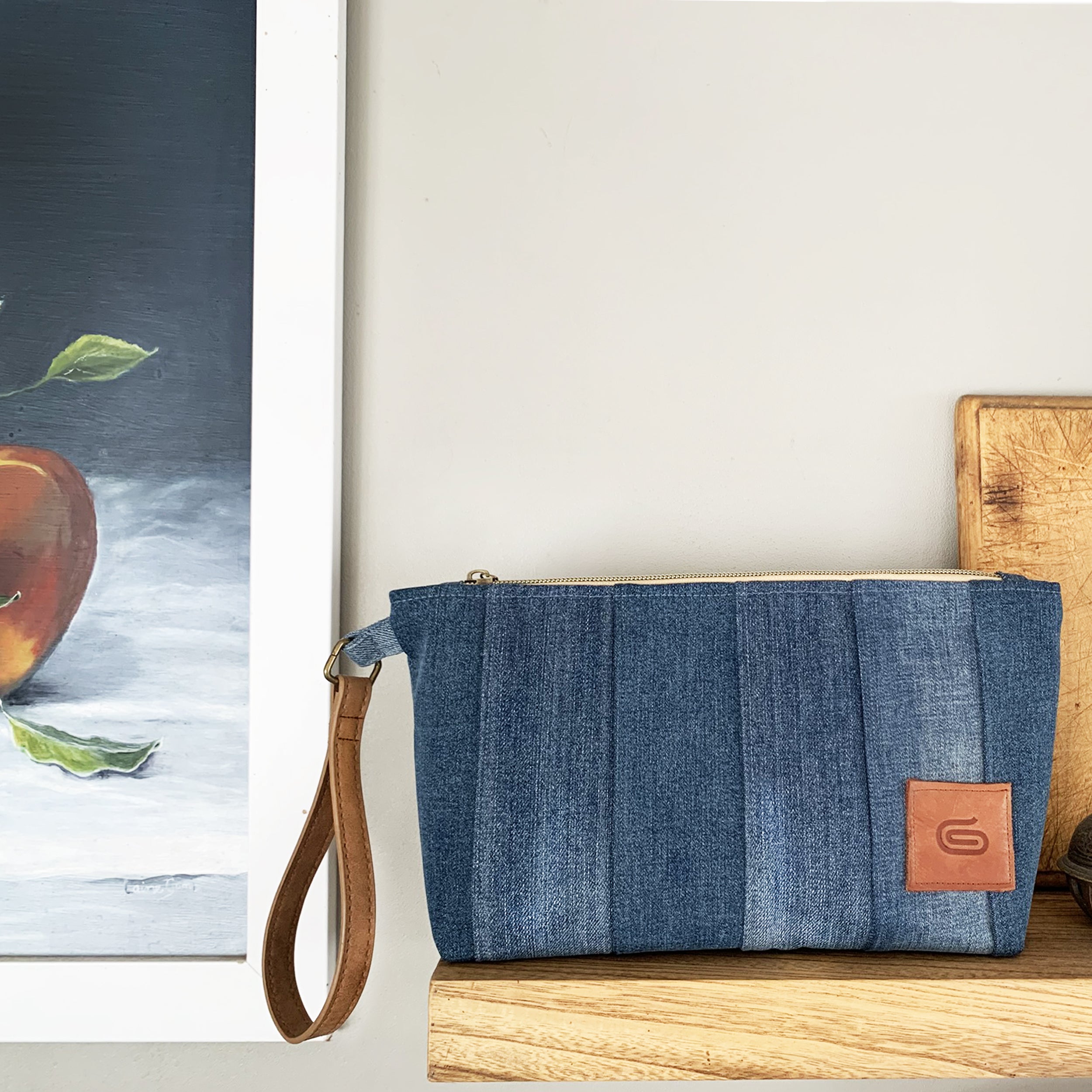 Handmade striped upcycled denim wristlet clutch