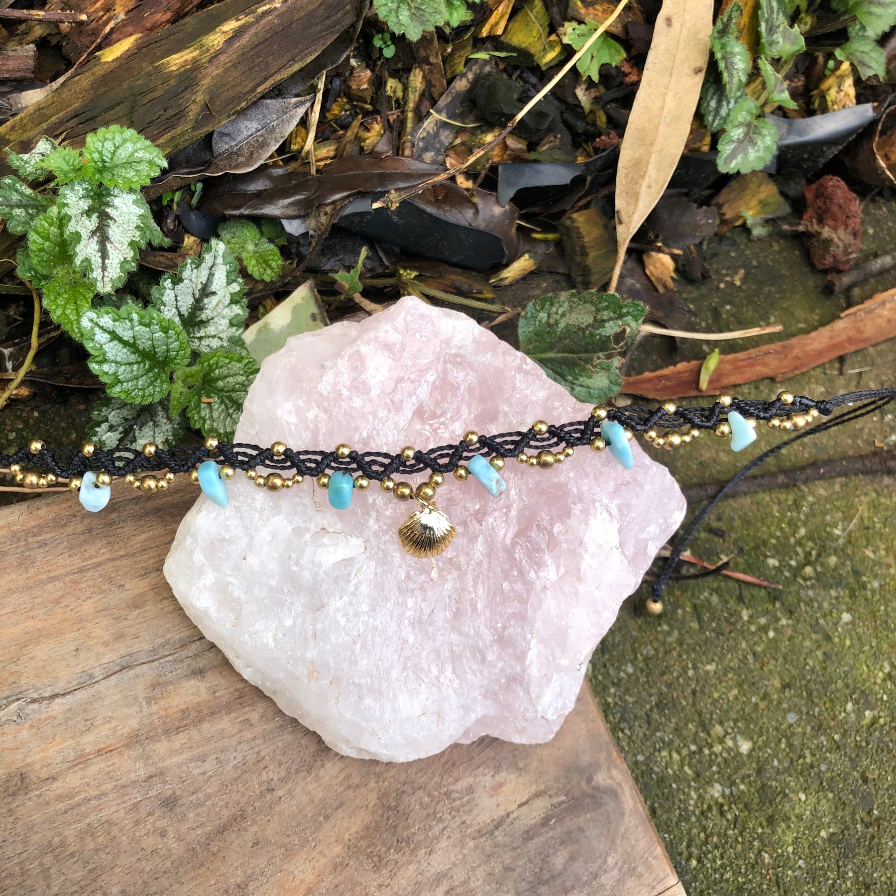 Larimar Gemstone Macrame Anklet: Brass beads and Shell Charm, adjustable