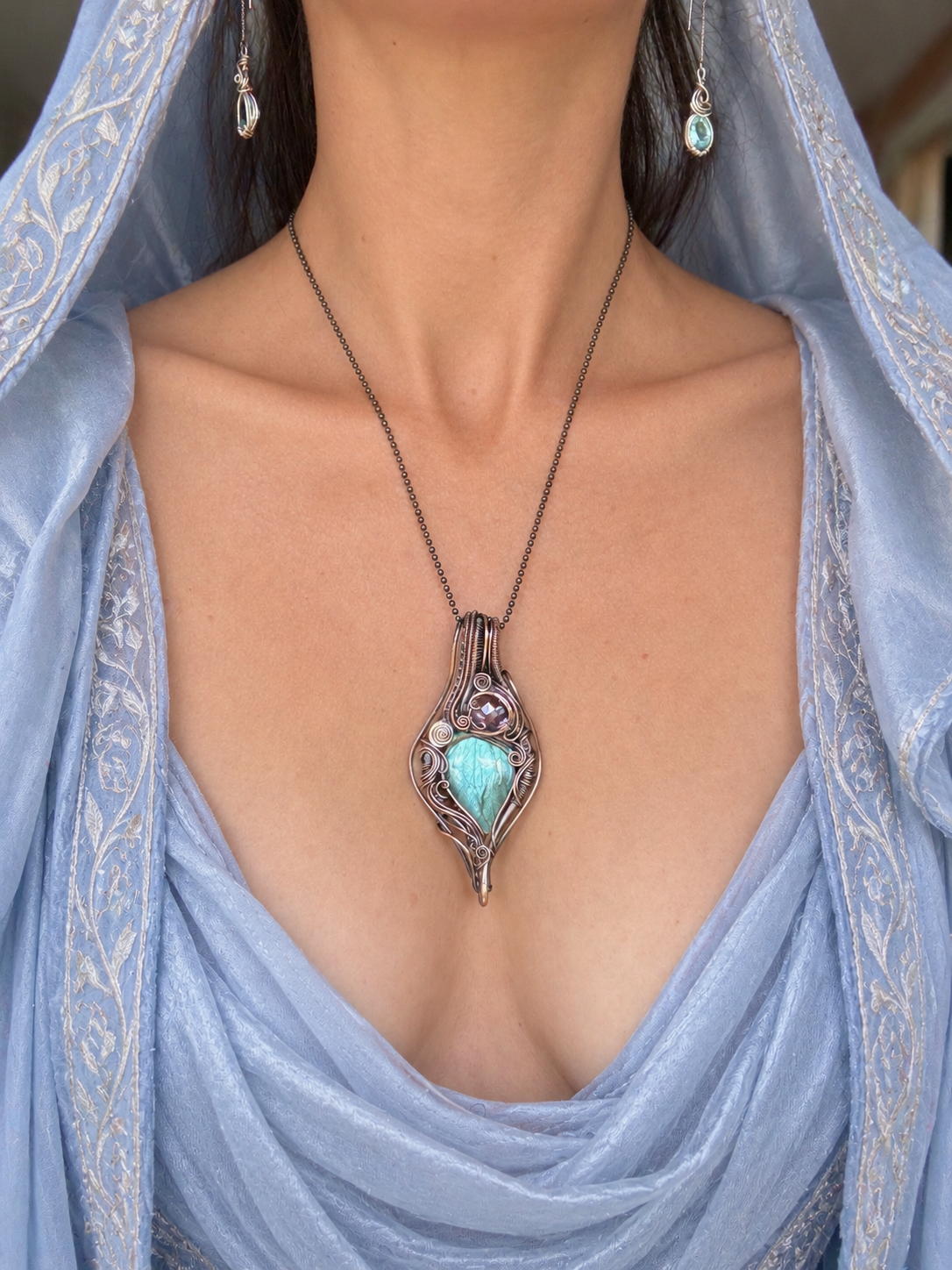 Labradorite, Amethyst copper wire wrap