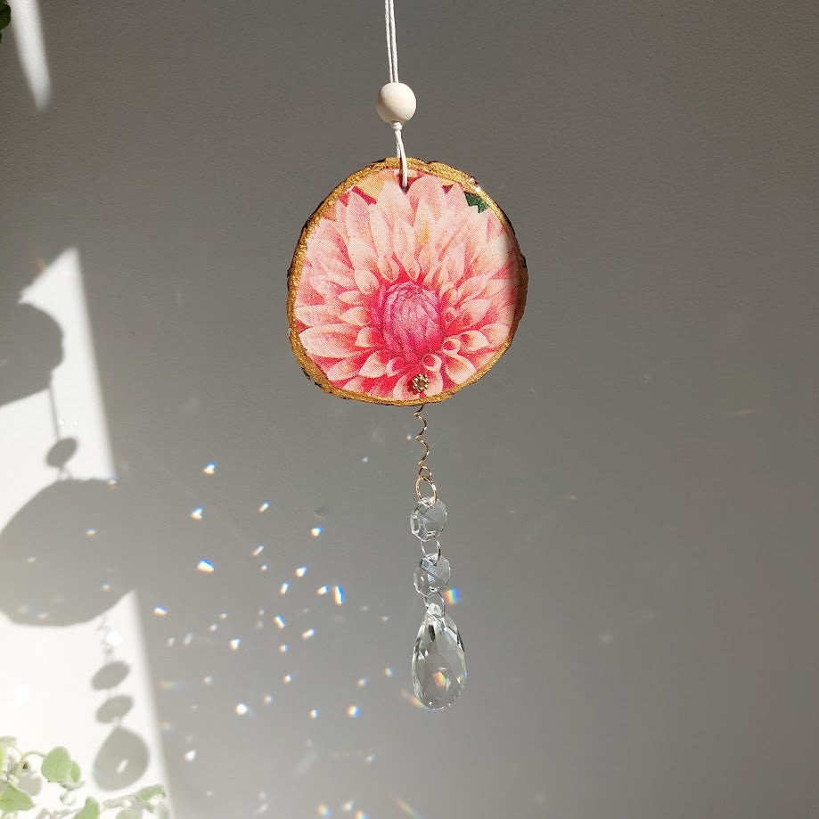 Crystal Suncatcher, Handmade Window Hanging, Dahlia Wood Art