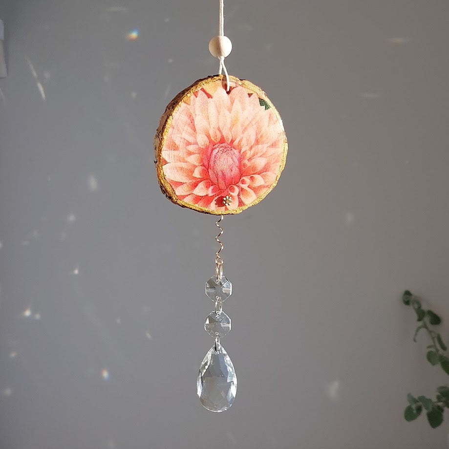 Crystal Suncatcher, Handmade Window Hanging, Dahlia Wood Art