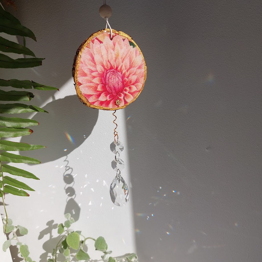 Crystal Suncatcher, Handmade Window Hanging, Dahlia Wood Art