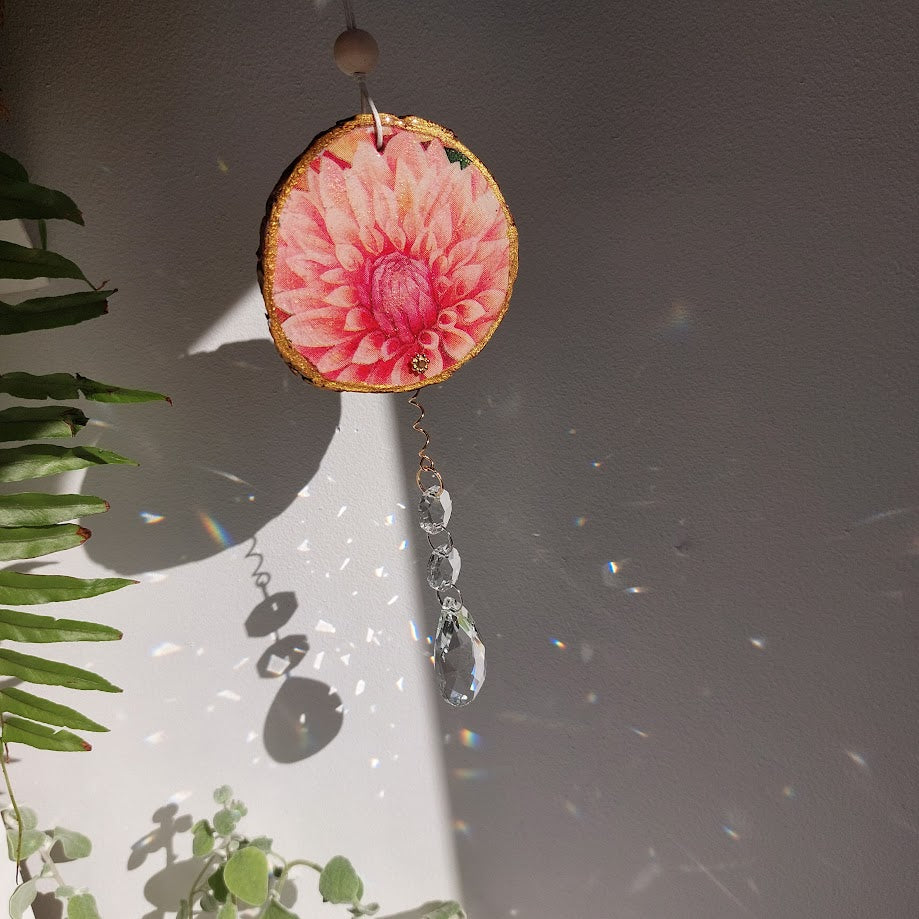 Crystal Suncatcher, Handmade Window Hanging, Dahlia Wood Art