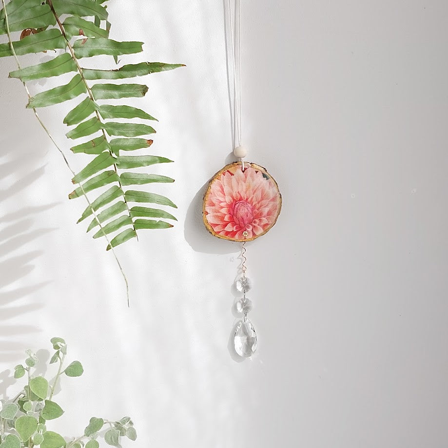Crystal Suncatcher, Handmade Window Hanging, Dahlia Wood Art