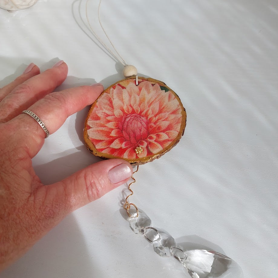 Crystal Suncatcher, Handmade Window Hanging, Dahlia Wood Art