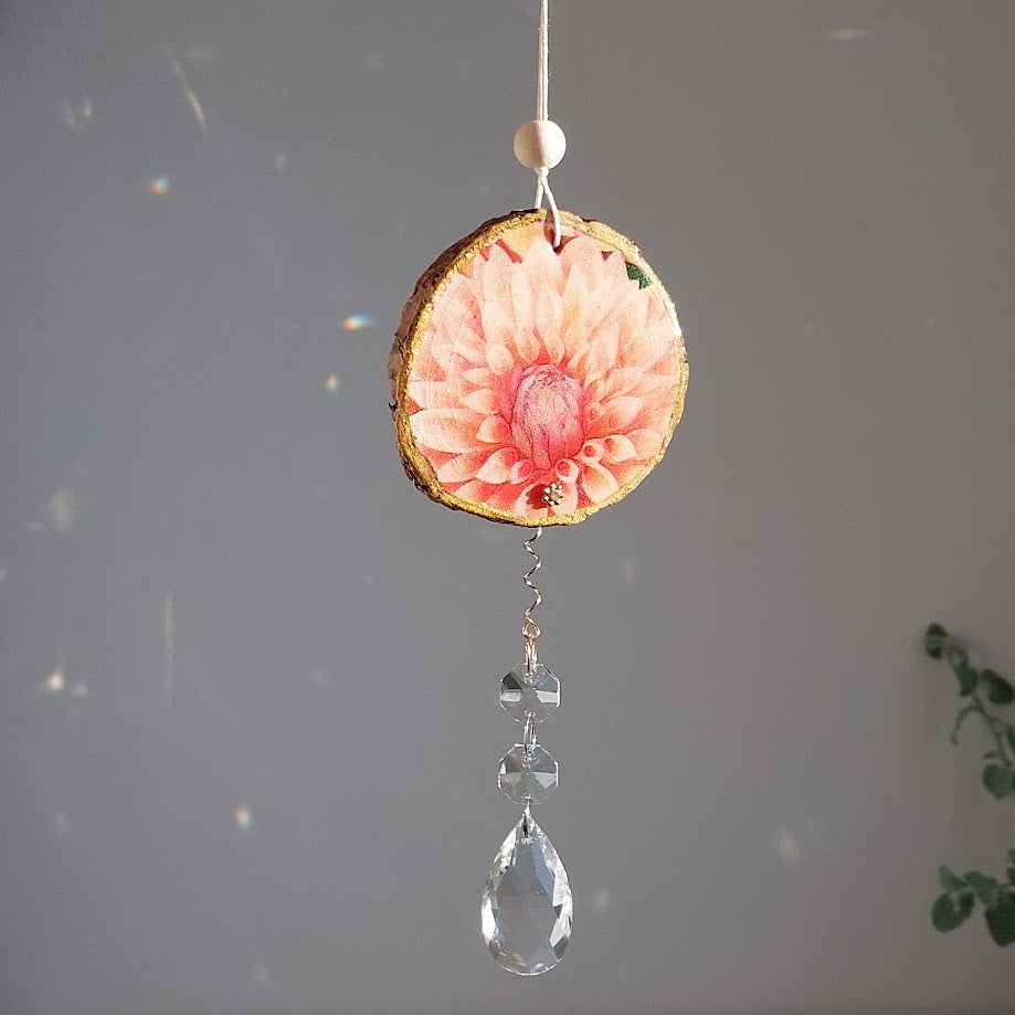 Crystal Suncatcher, Handmade Window Hanging, Dahlia Wood Art