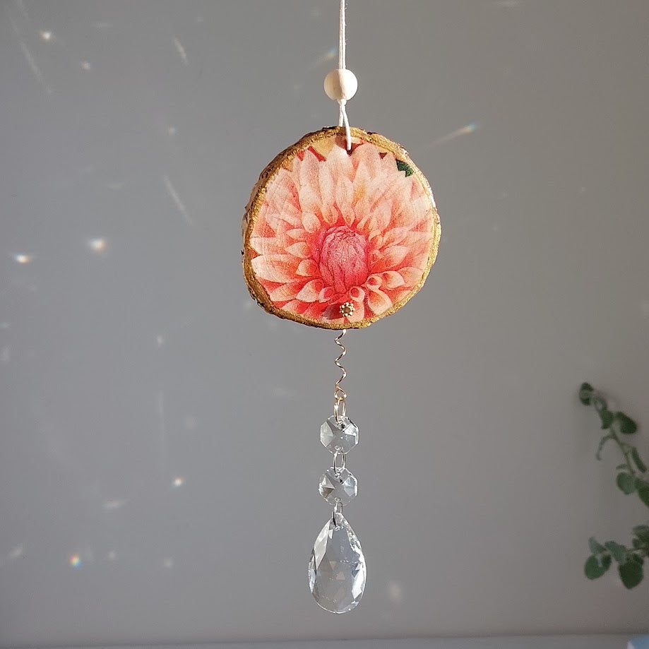 Crystal Suncatcher, Handmade Window Hanging, Dahlia Wood Art