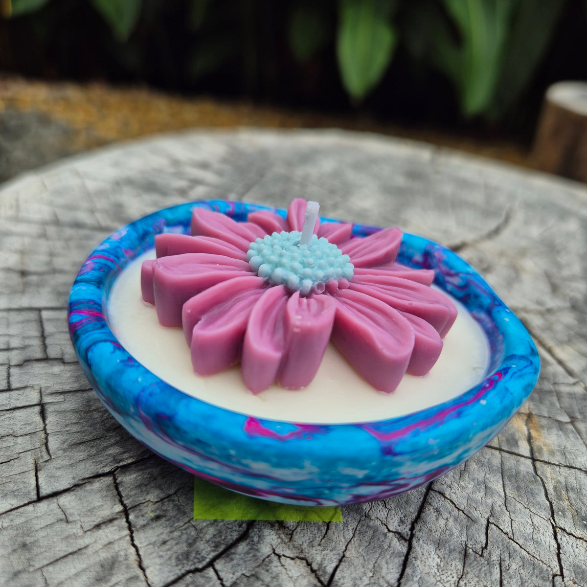 Scented organic shaped concrete bowl candle with black raspberry lime
