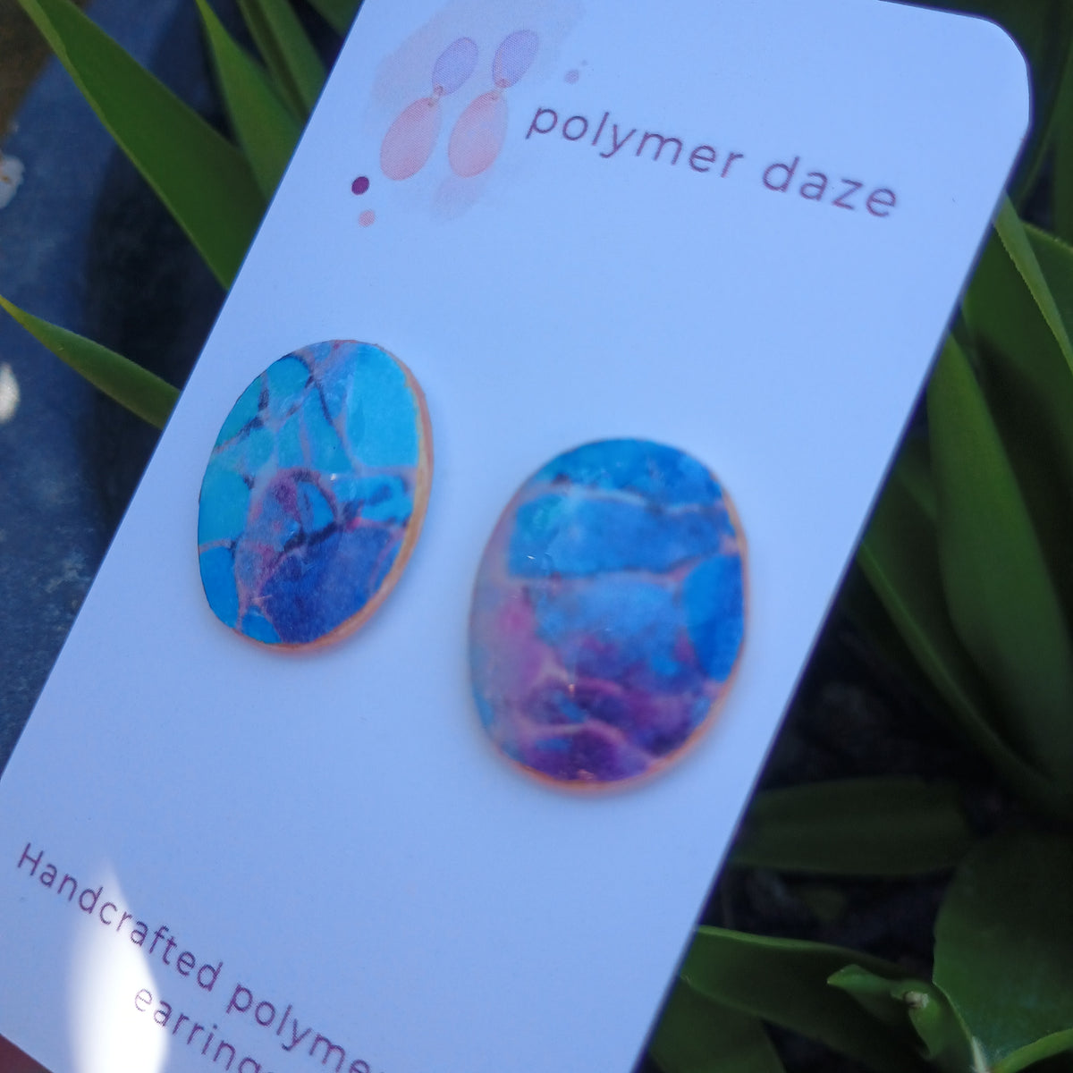 Polymer clay watercolour stud earring purple blue