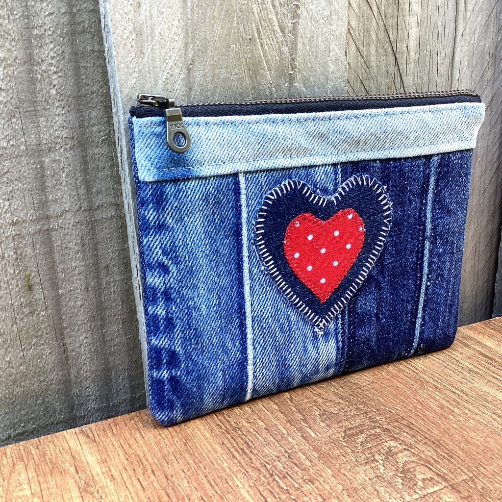 Upcycled Denim Purse – Denim & Red Polka Dot Heart