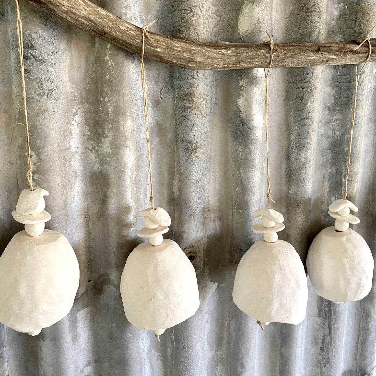 Handmade White Clay Bell on jute string (26-14)