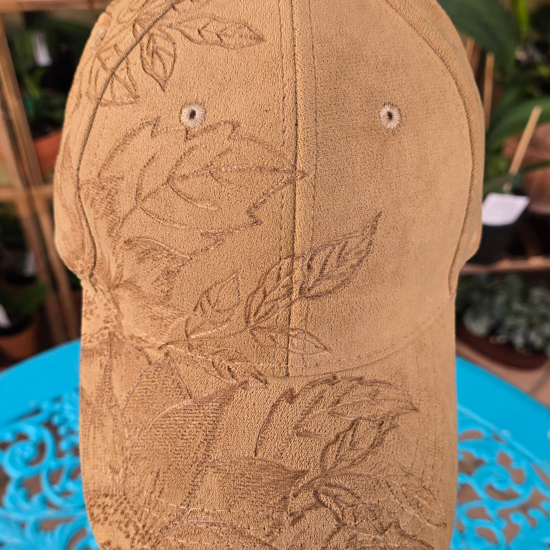 Hand burnt Botanical baseball cap