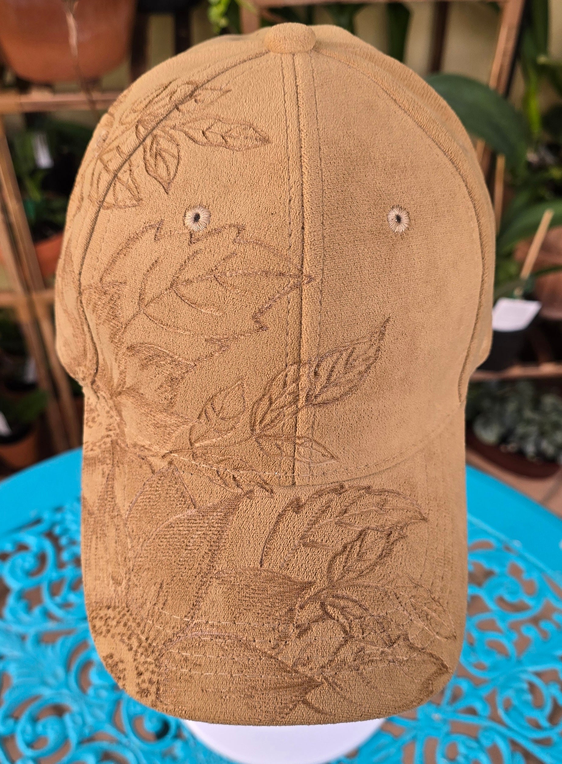 Hand burnt Botanical baseball cap