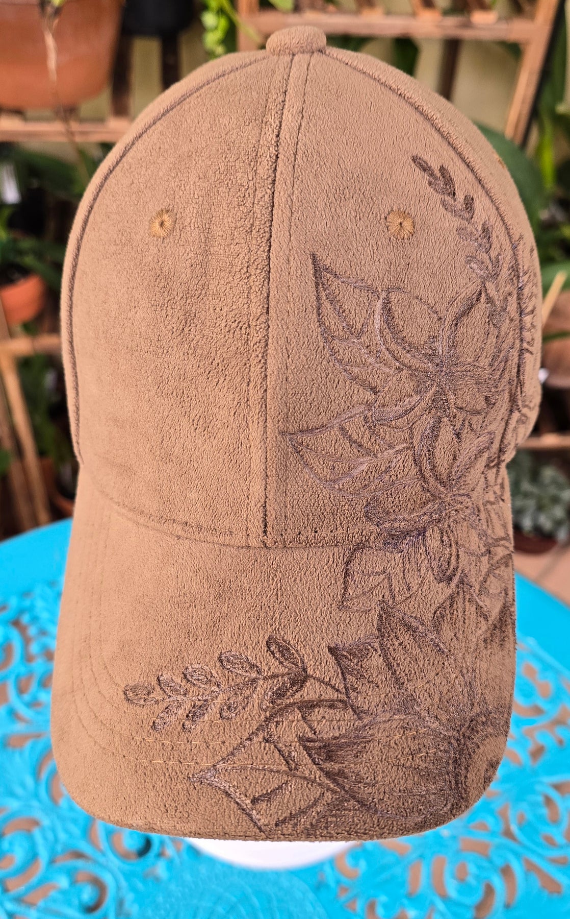 Hand burnt Botanical baseball cap