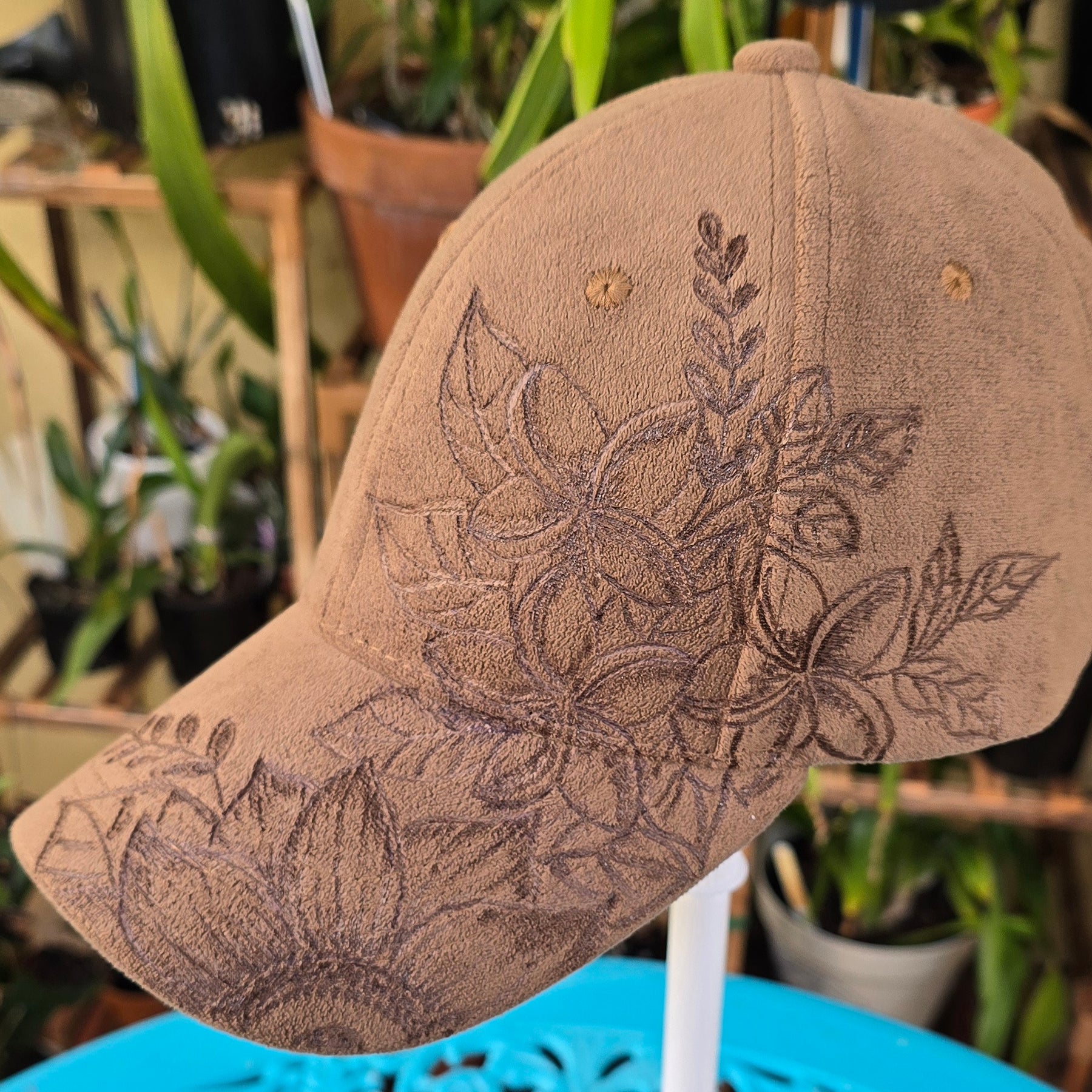 Hand burnt Botanical baseball cap
