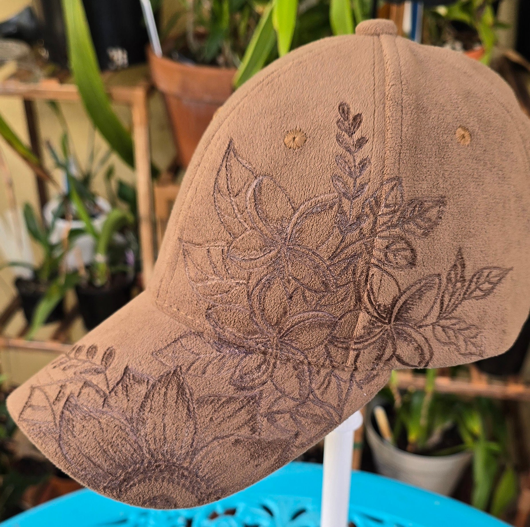 Hand burnt Botanical baseball cap