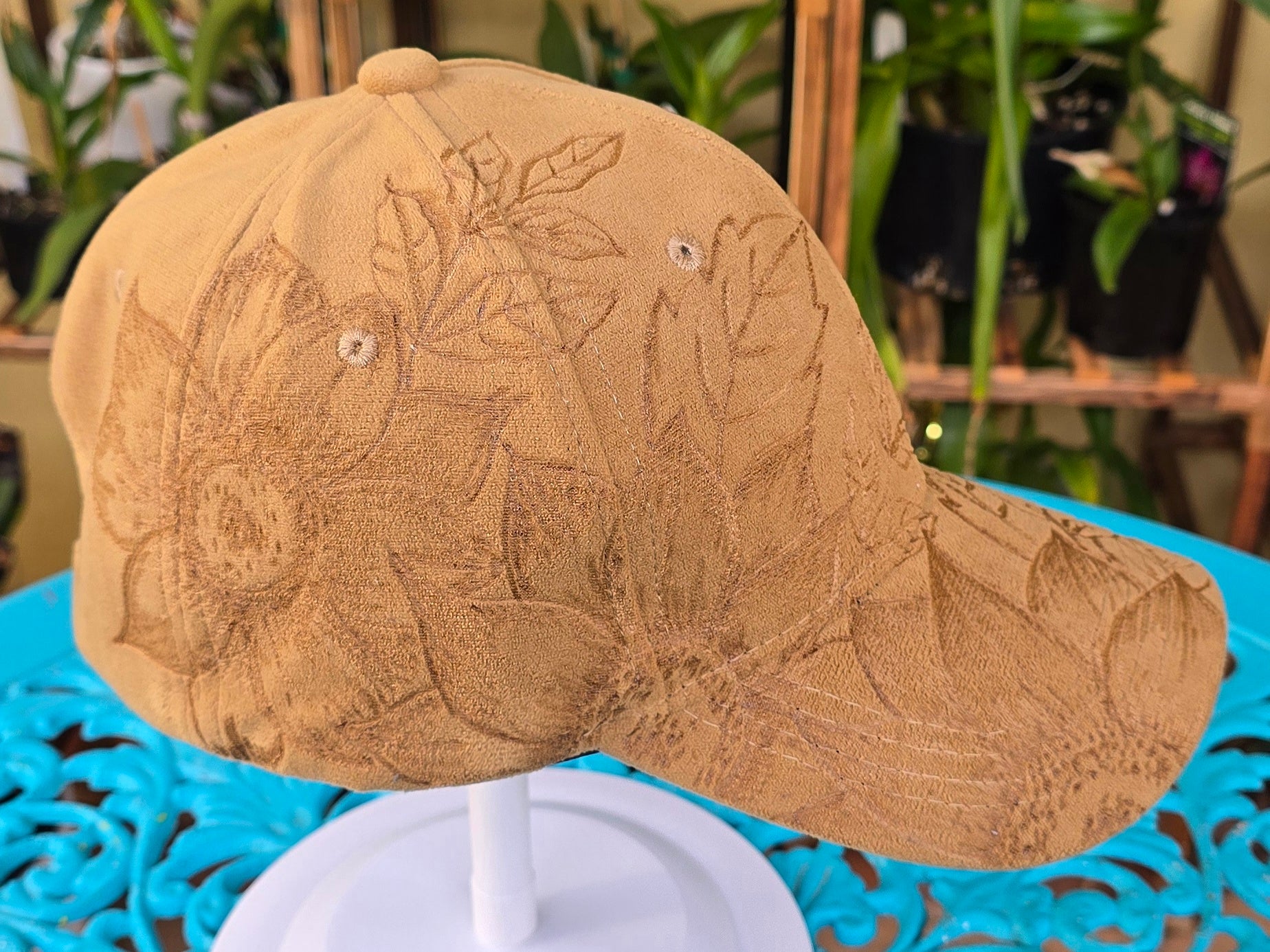 Hand burnt Botanical baseball cap