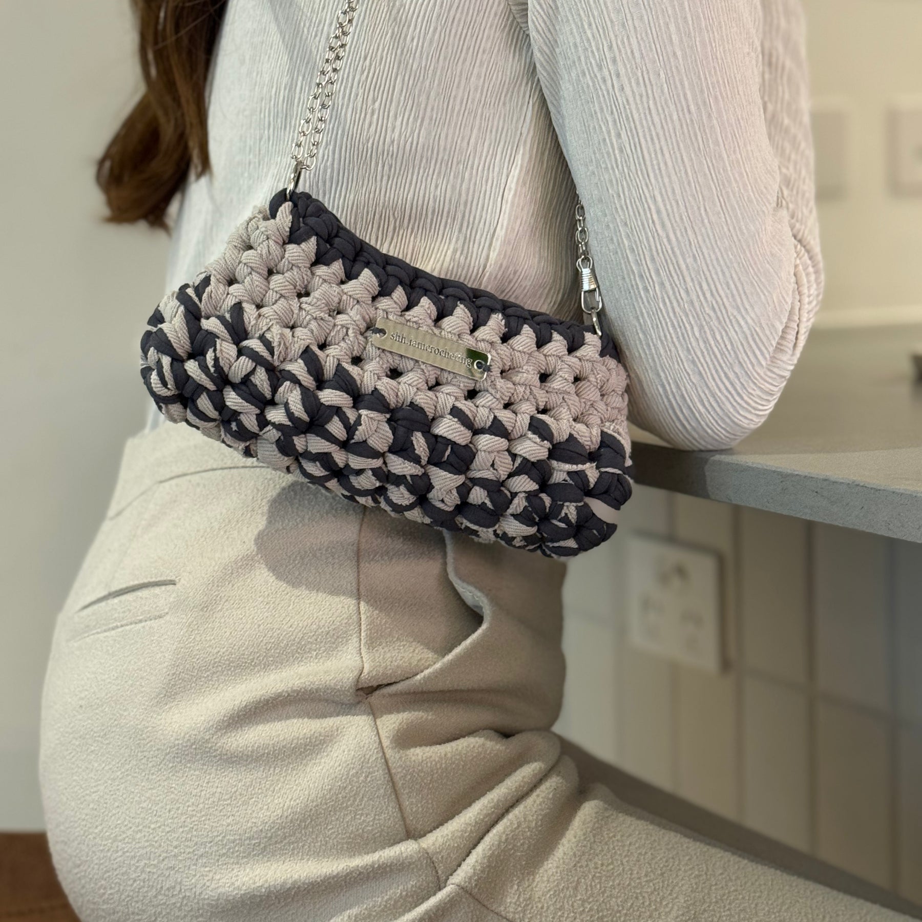 Mini Shoulder Bag | Handmade Crochet Accessary | Stone x Charcoal Cotton & Recycled T-shirt Yarn