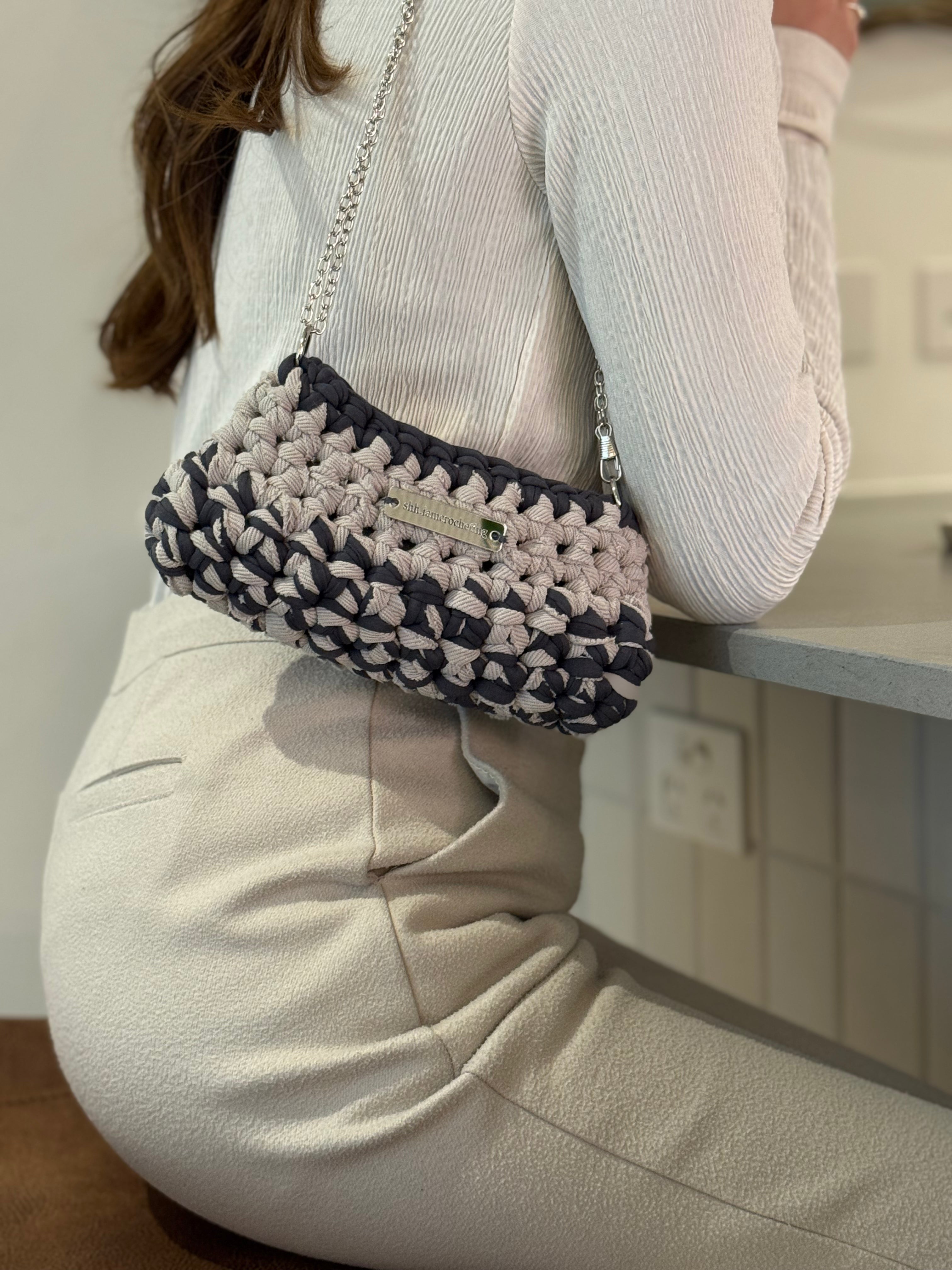 Mini Shoulder Bag | Handmade Crochet Accessary | Stone x Charcoal Cotton & Recycled T-shirt Yarn