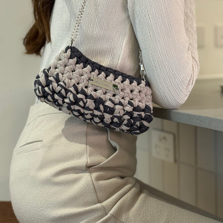 Mini Shoulder Bag | Handmade Crochet Accessary | Stone x Charcoal Cotton & Recycled T-shirt Yarn