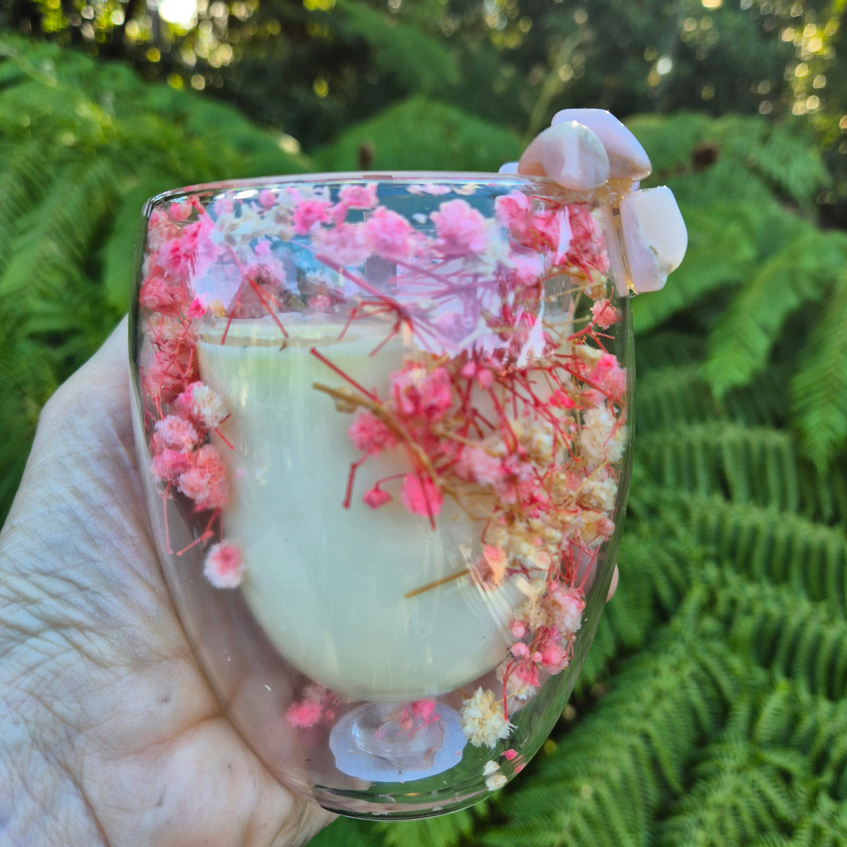 Pink baby's breath glass jar candle with pink opal