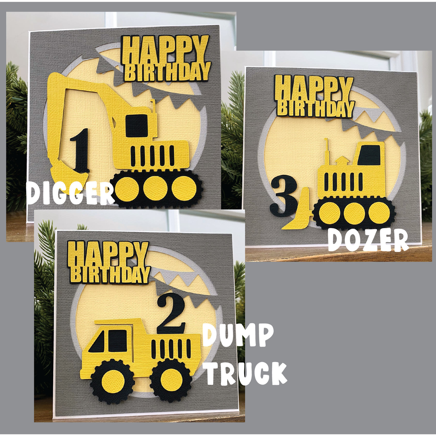 Age Construction Happy Birthday card, digger, truck, dozer.