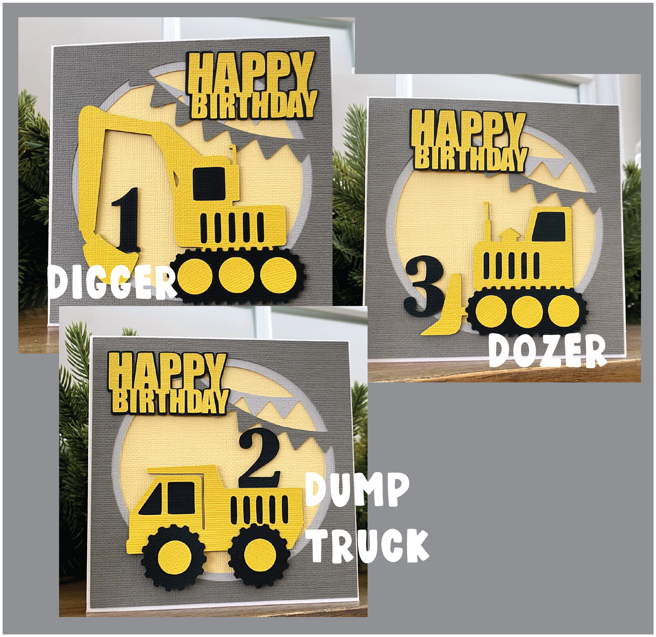 Age Construction Happy Birthday card, digger, truck, dozer.