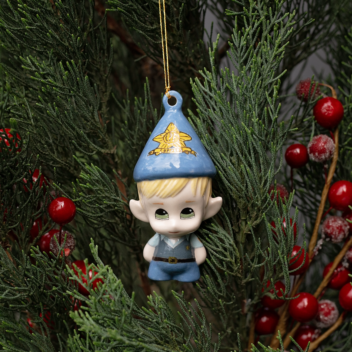 Handmade Porcelain Christmas ornament. One-of-a-kind. Dave, the Copper Elf.