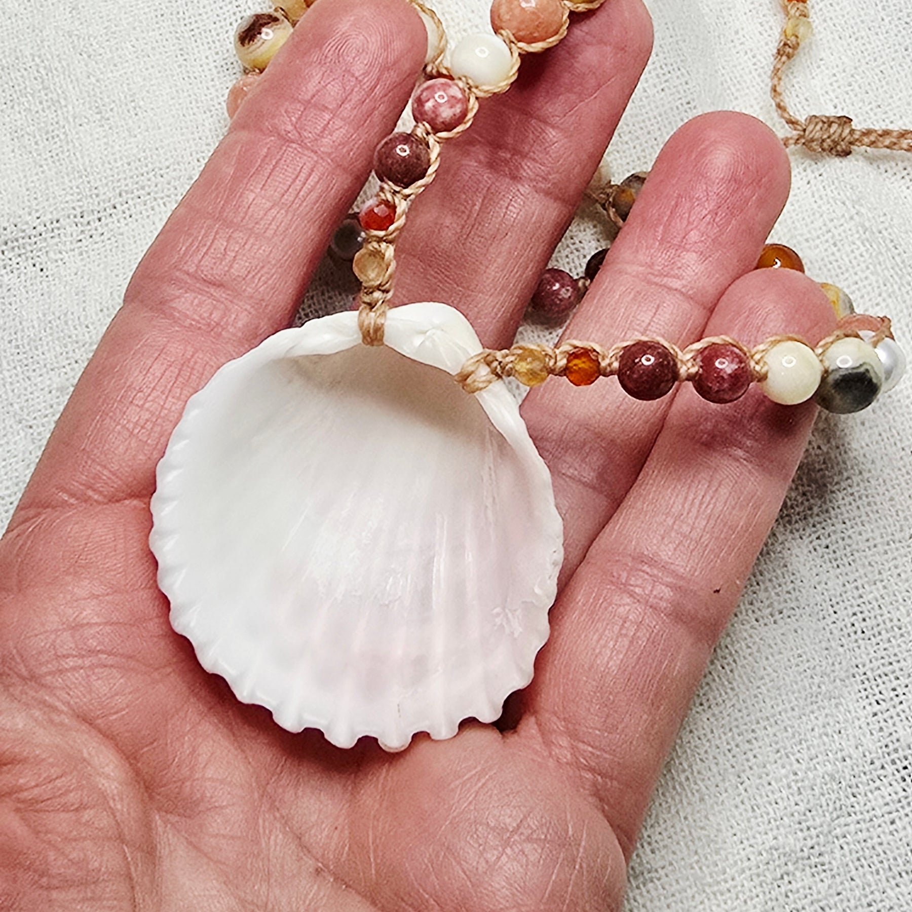 Cockle Shell Necklace Adjustable with Pearls and Gemstones