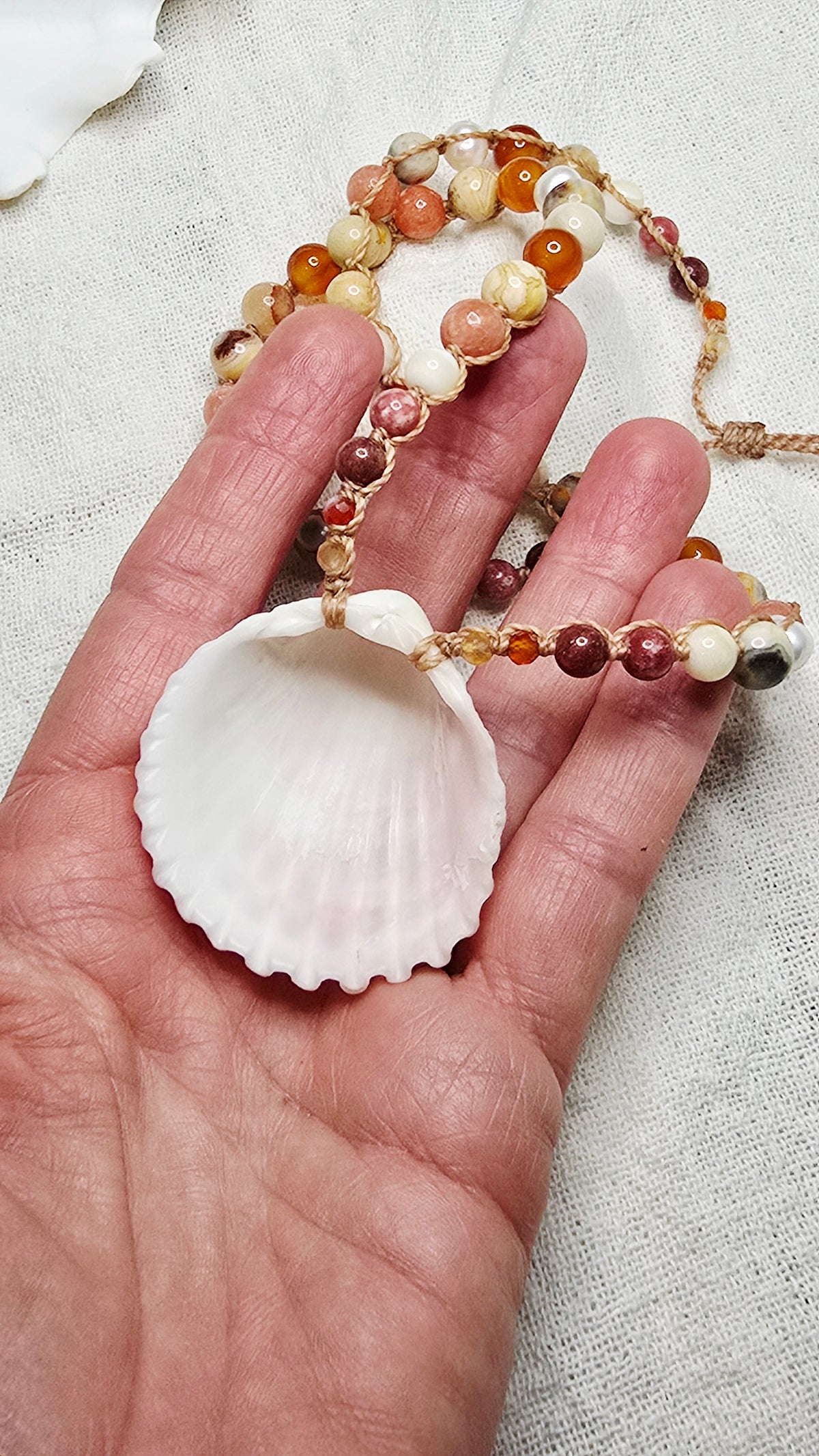 Cockle Shell Necklace Adjustable with Pearls and Gemstones