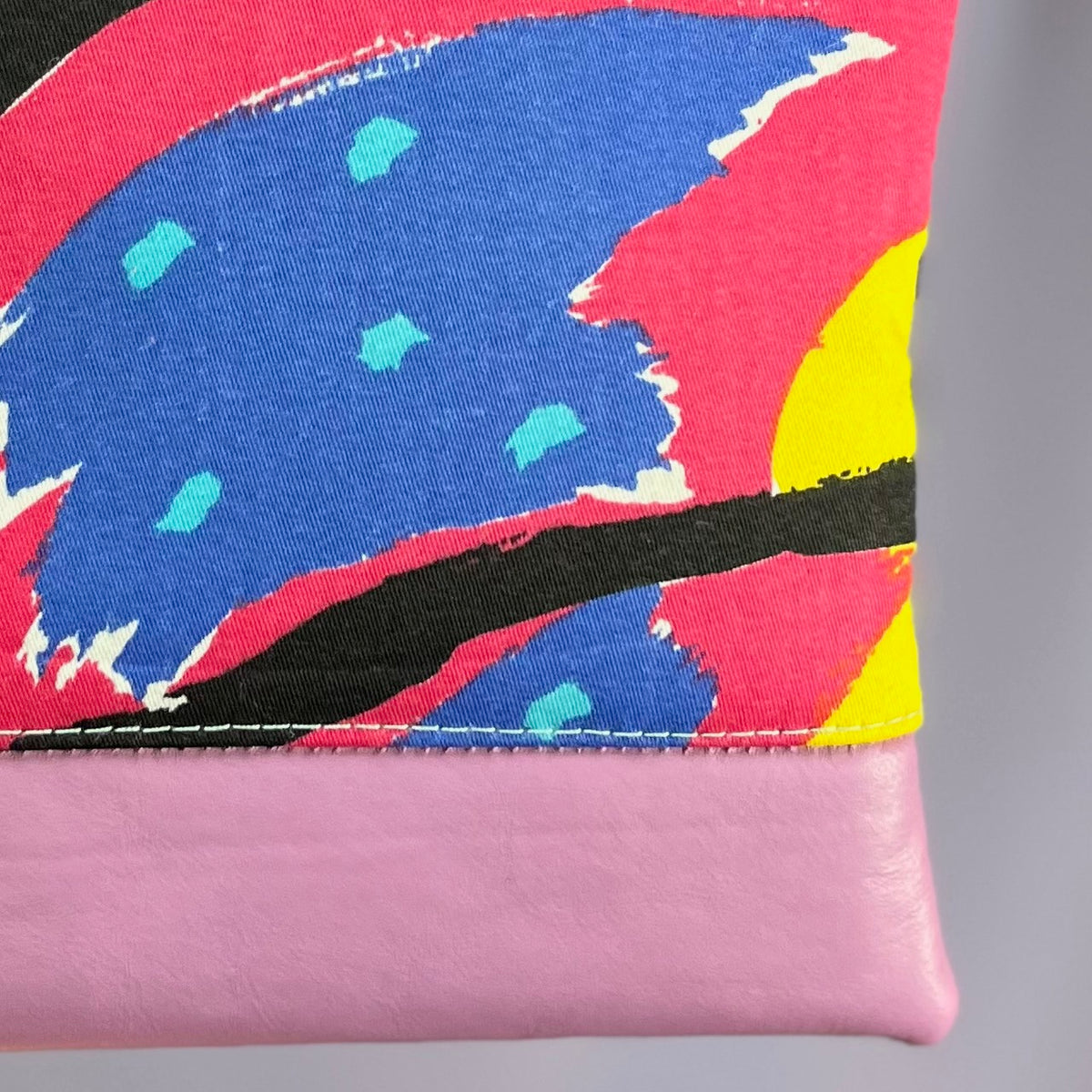 Colourful, repurposed vintage fabric zip POUCH with leather