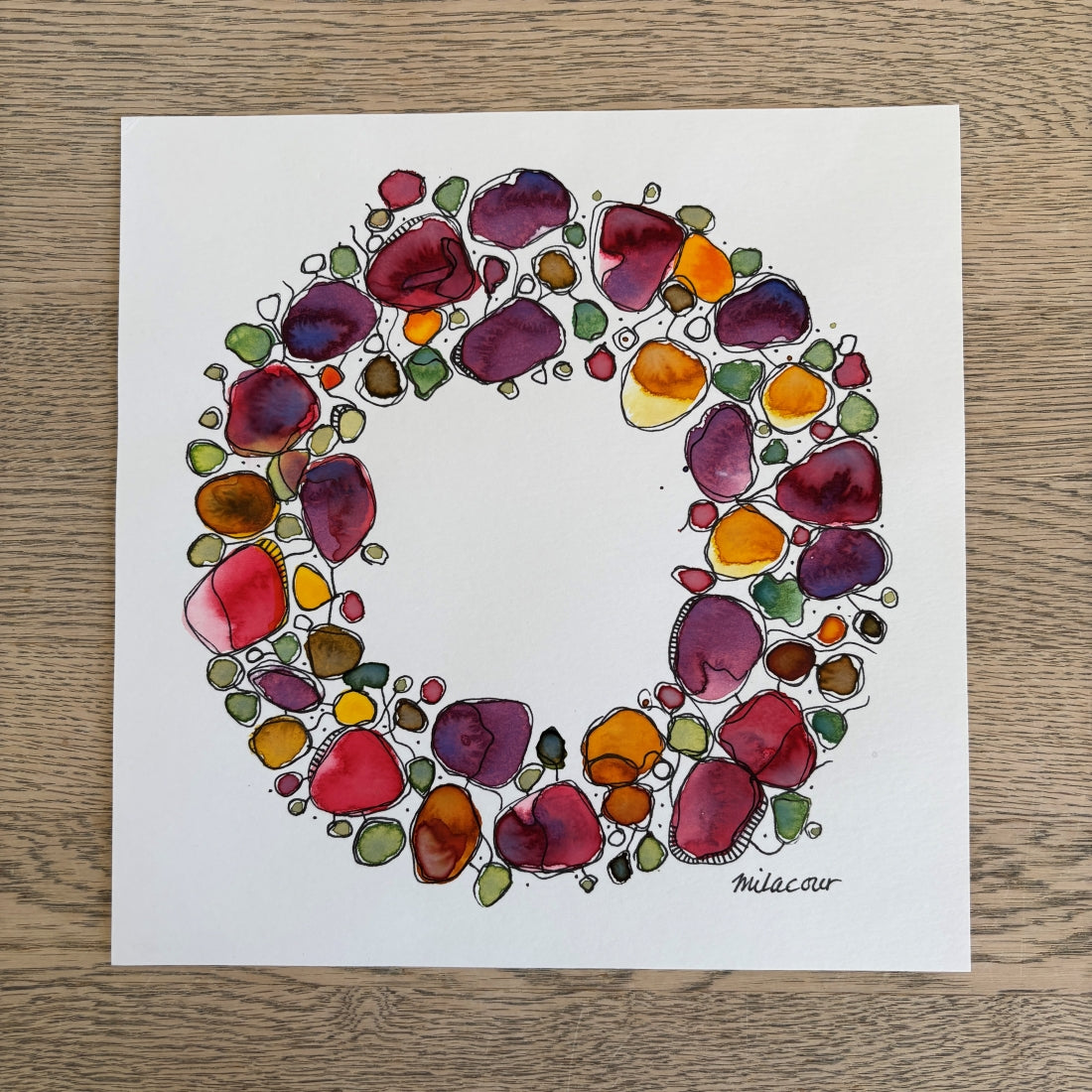 Original Handpainted Art | Flower Wreath in Purple, Pink and Green