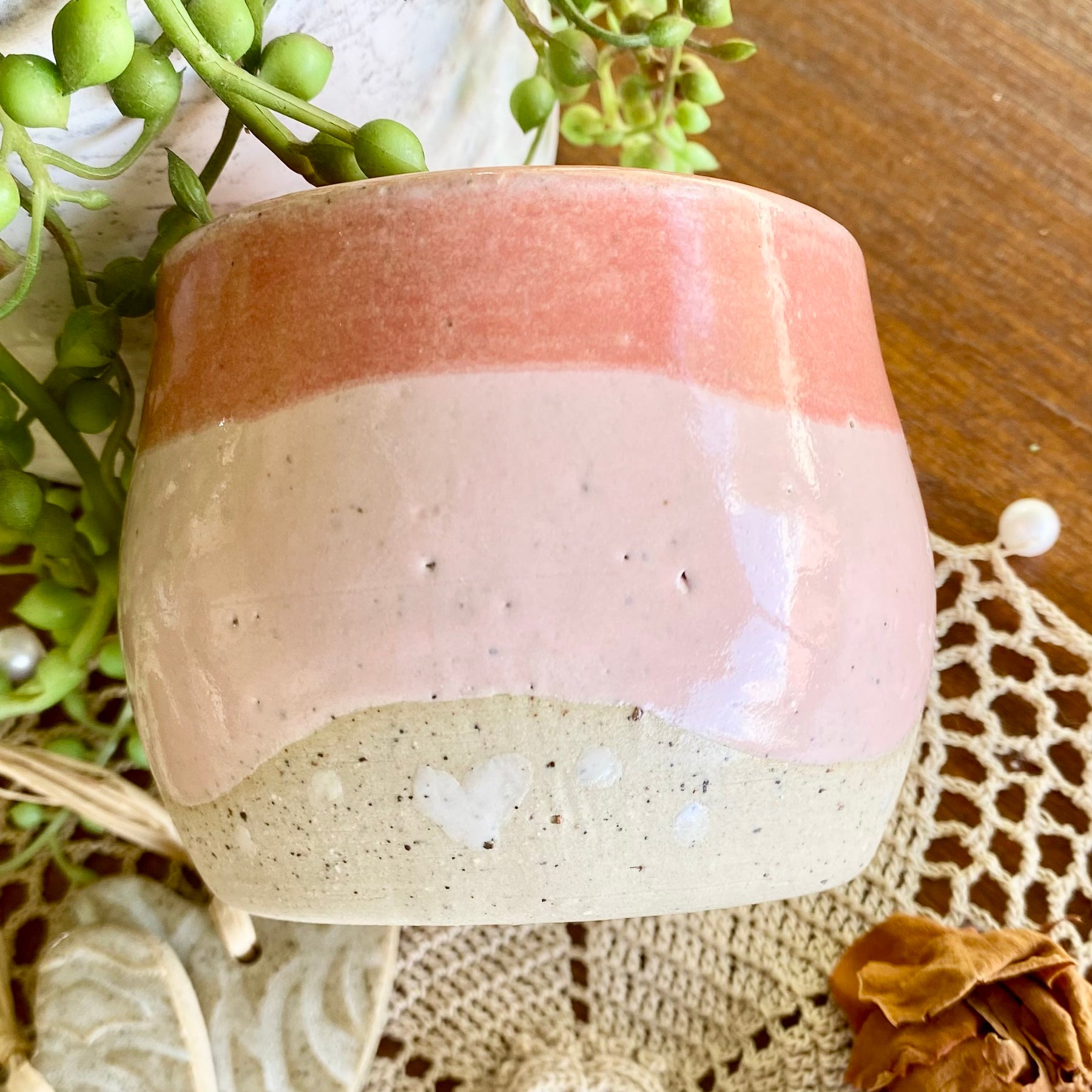 Pink Latte Cup with White Carved Hearts|Handmade Pottery