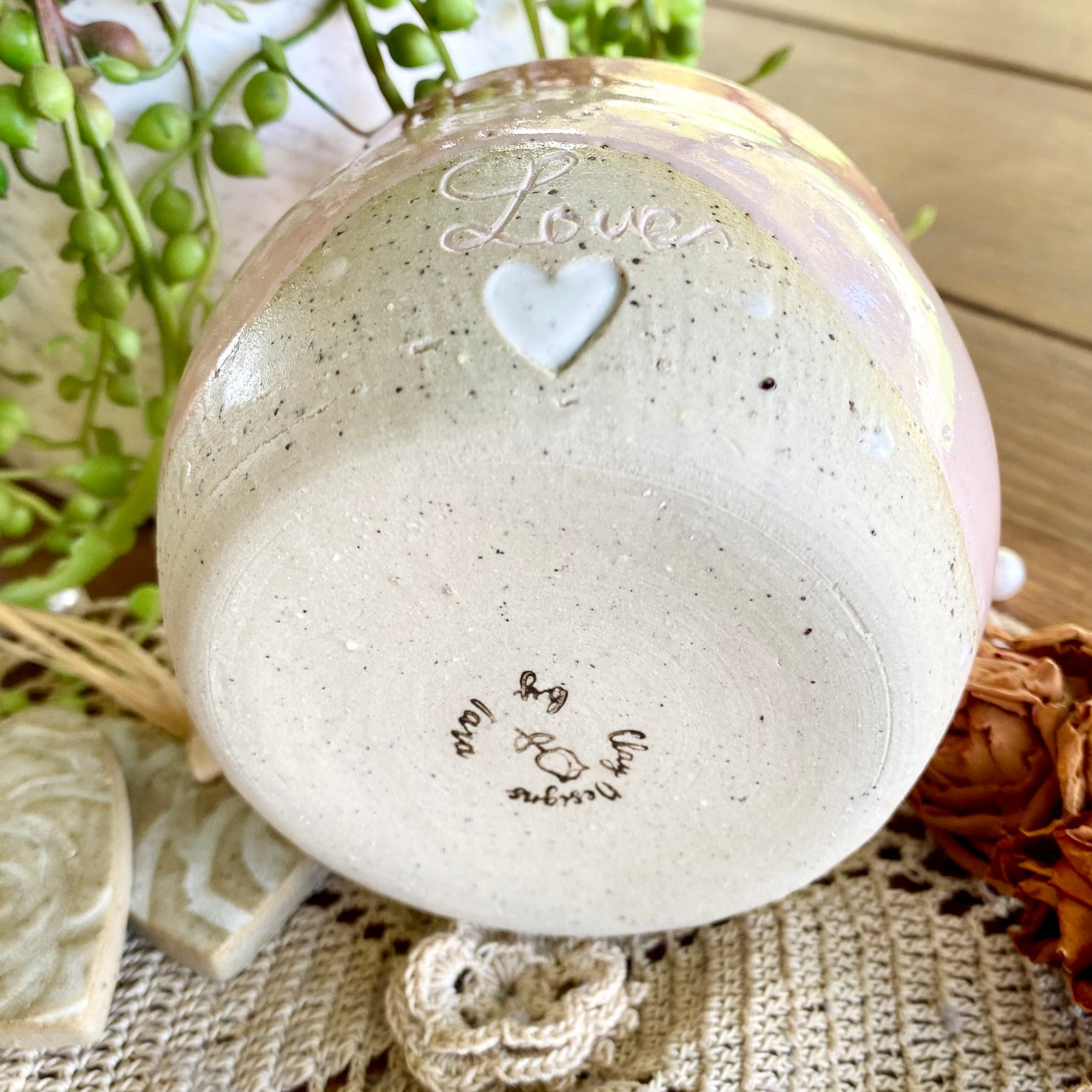 Pink Latte Cup with White Carved Hearts|Handmade Pottery