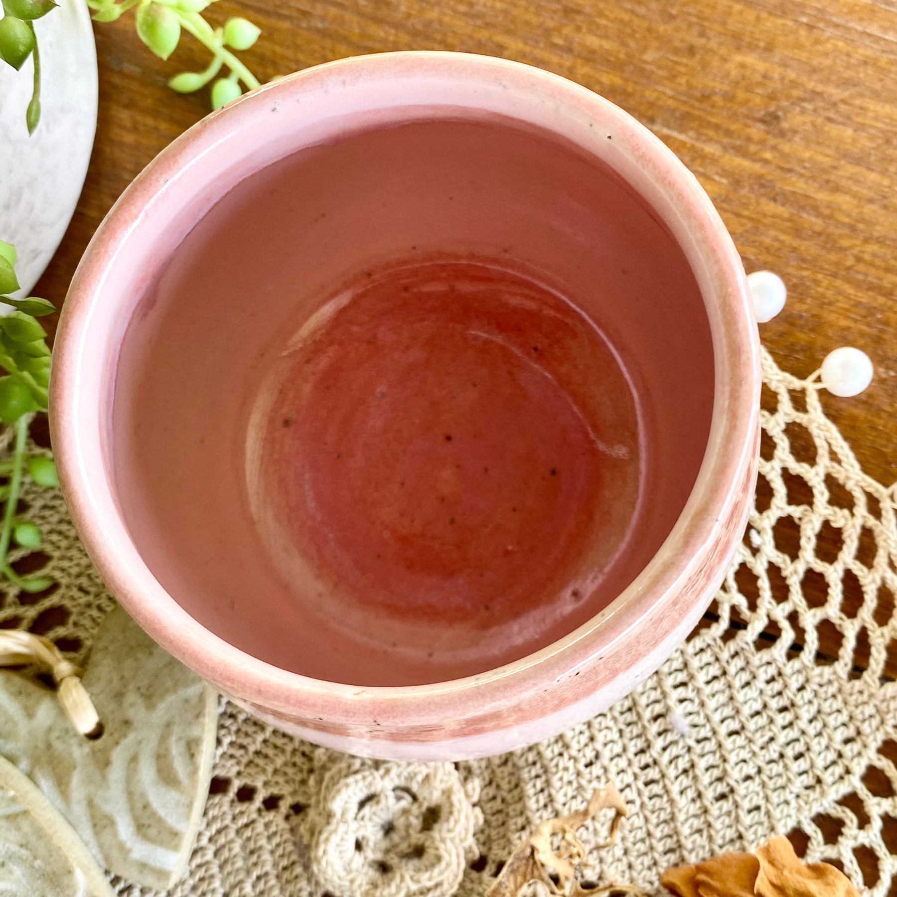 Pink Latte Cup with White Carved Hearts|Handmade Pottery