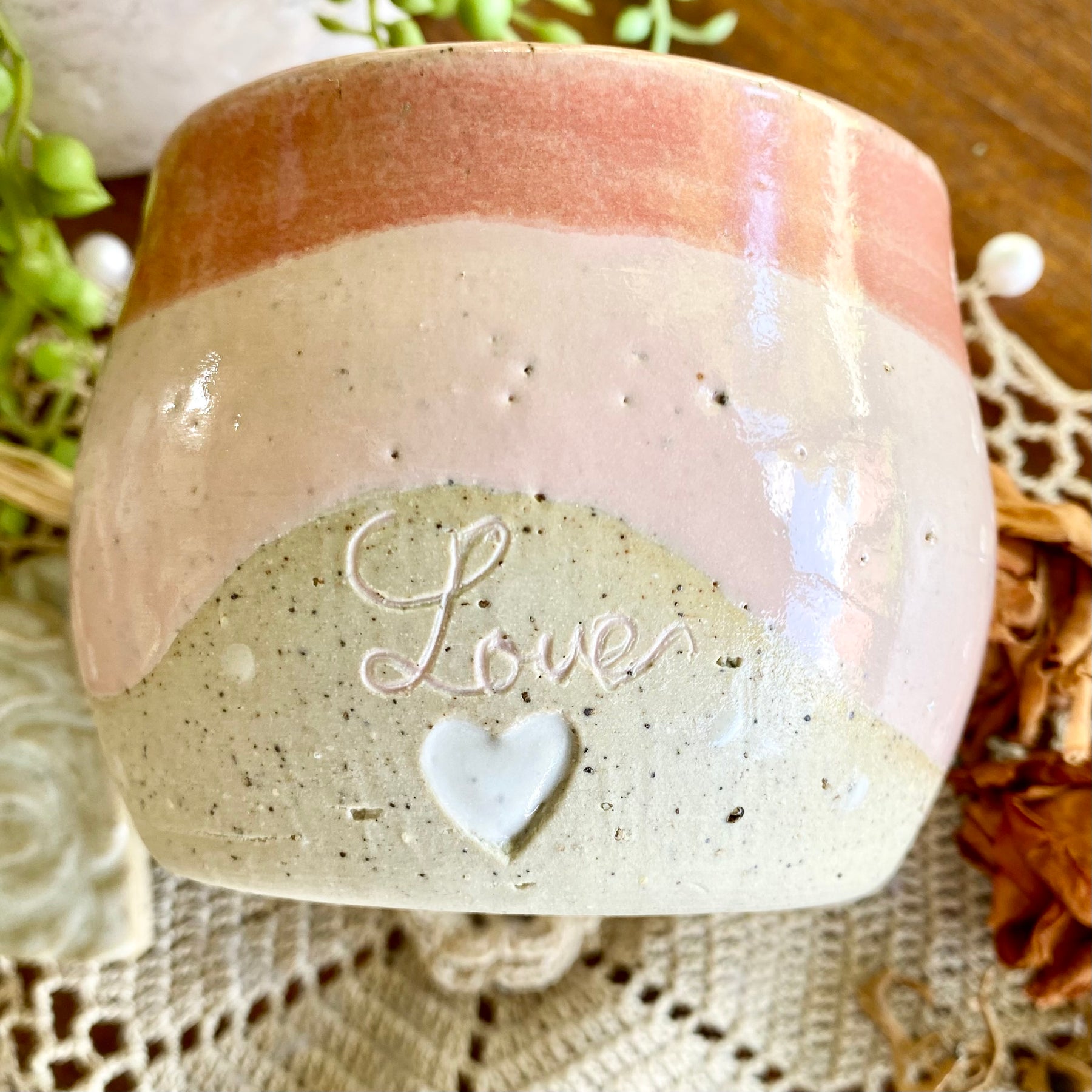 Pink Latte Cup with White Carved Hearts|Handmade Pottery