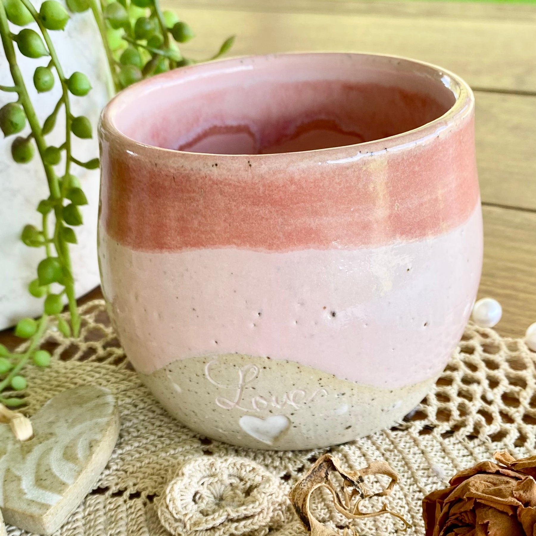 Pink Latte Cup with White Carved Hearts|Handmade Pottery