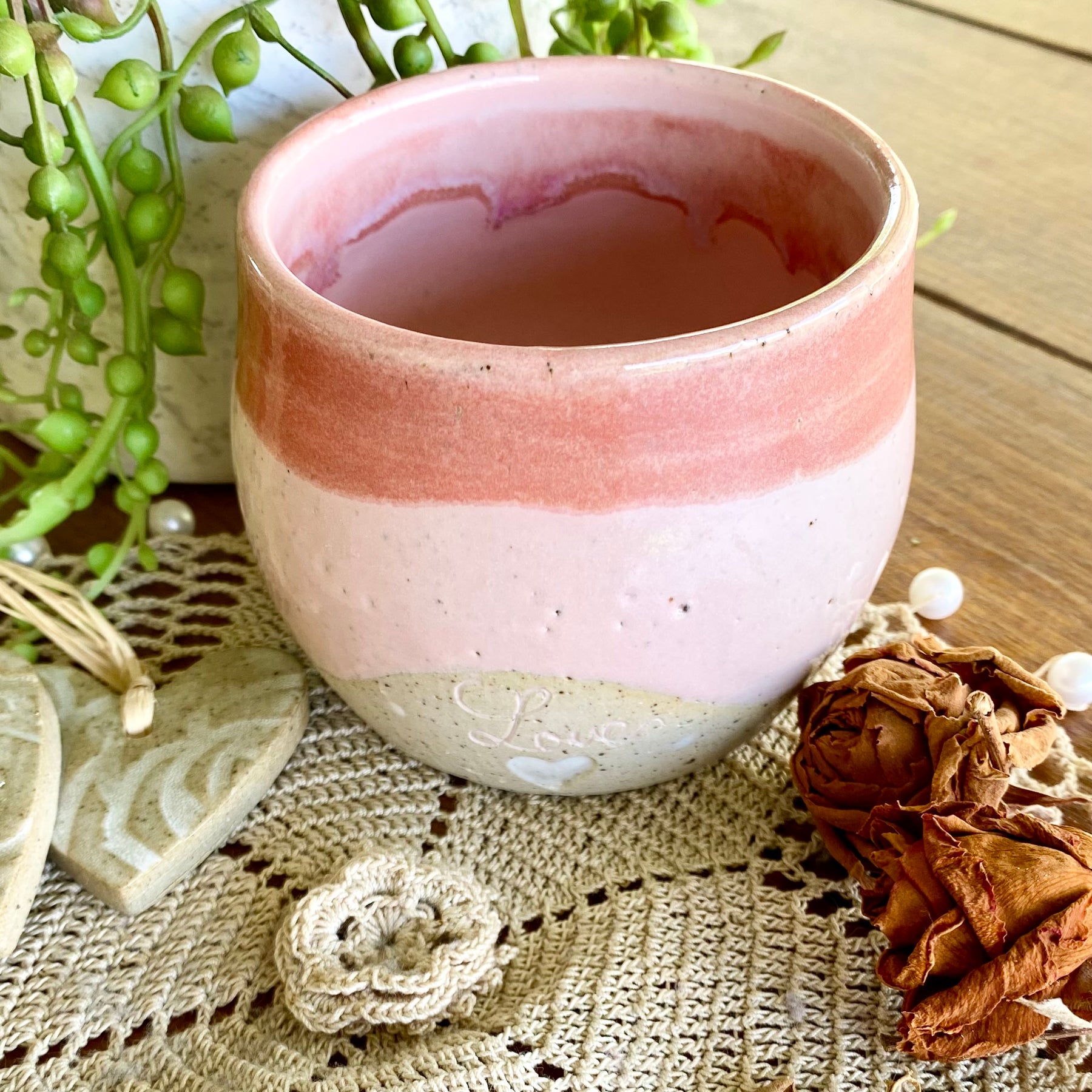 Pink Latte Cup with White Carved Hearts|Handmade Pottery