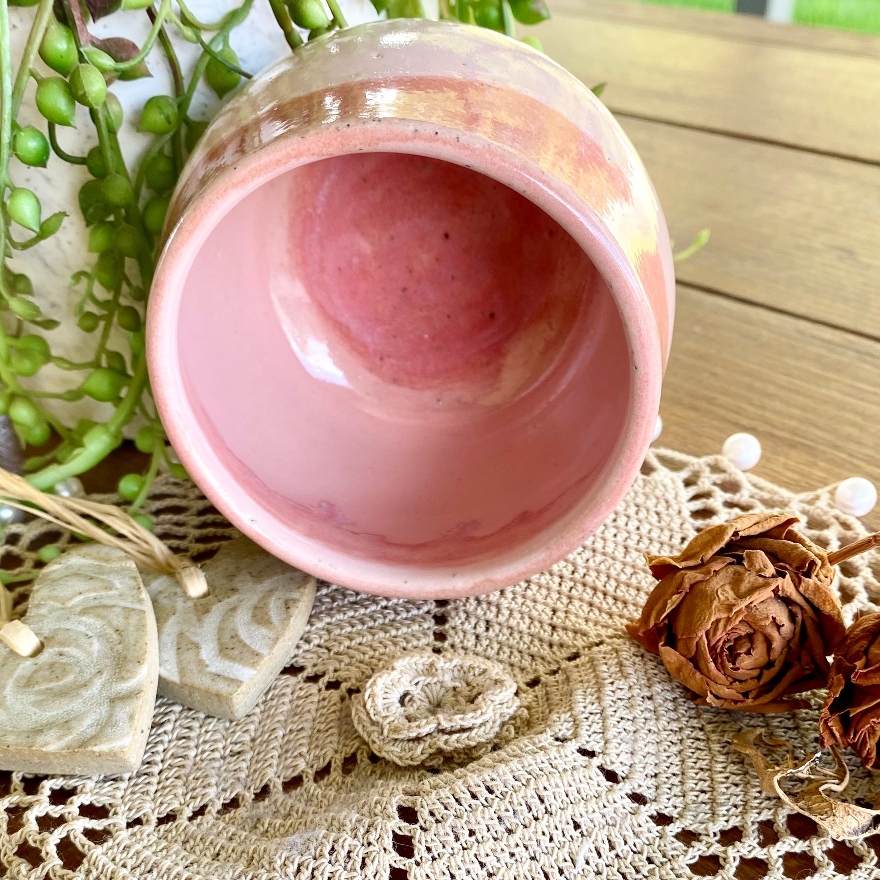 Pink Latte Cup with White Carved Hearts|Handmade Pottery