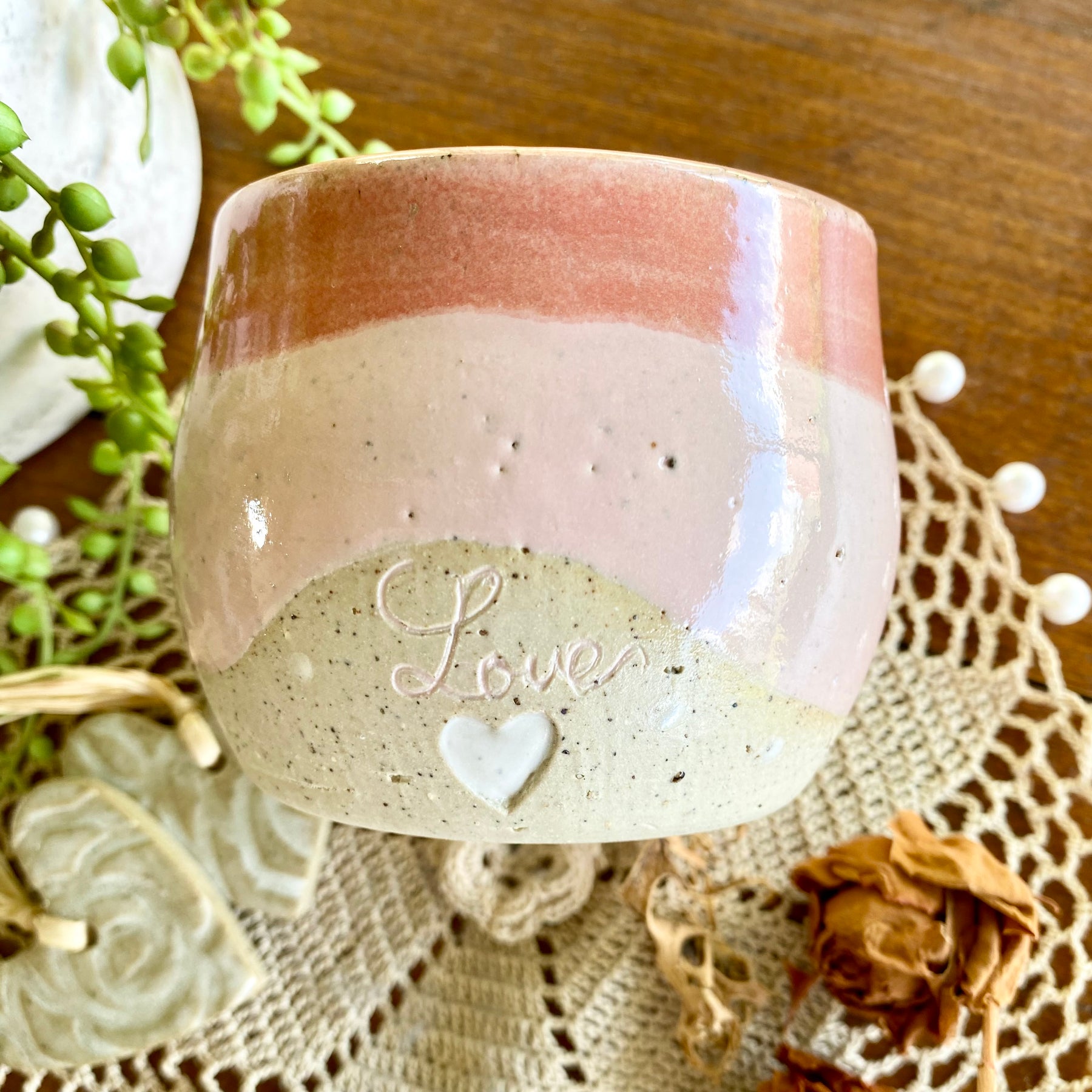 Pink Latte Cup with White Carved Hearts|Handmade Pottery