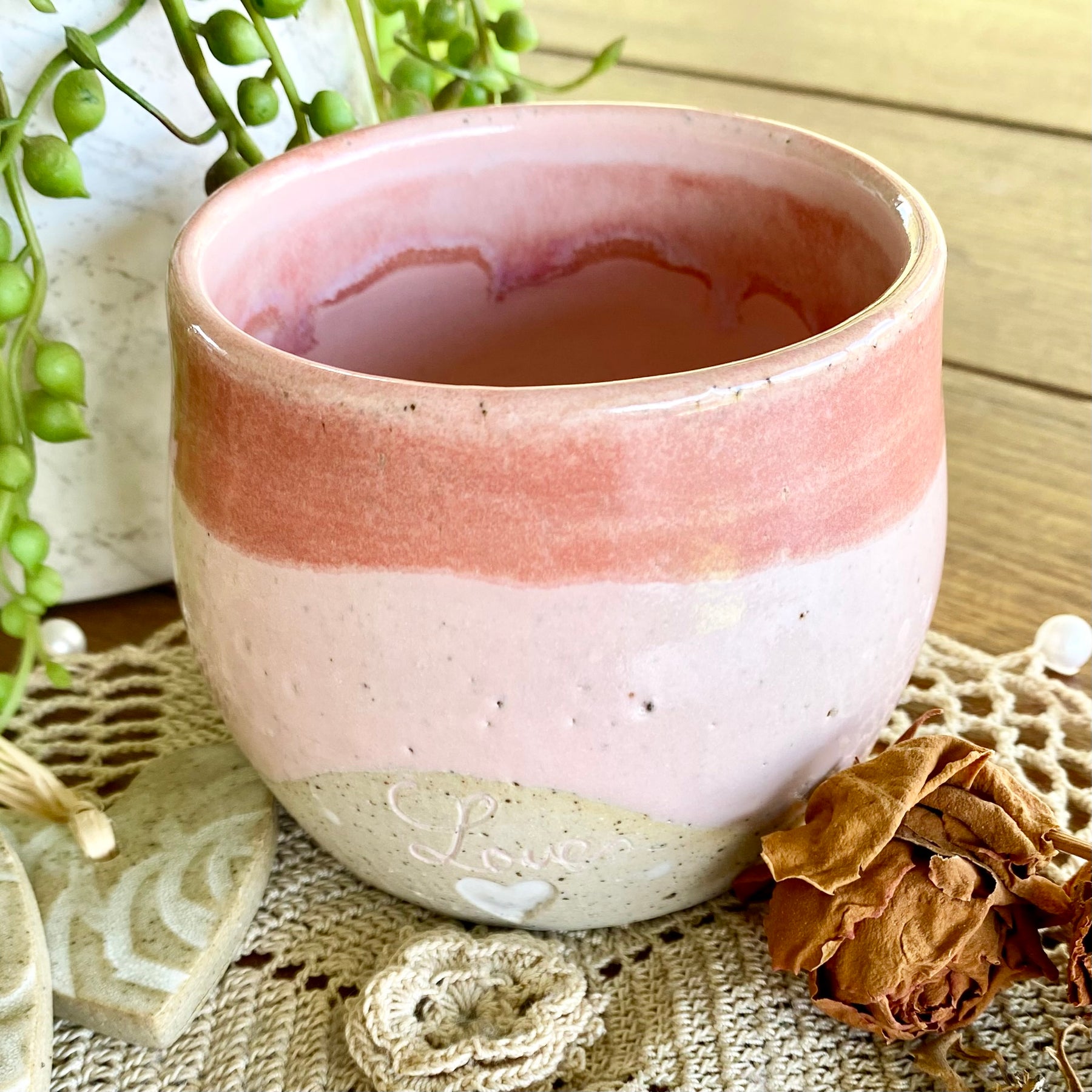 Pink Latte Cup with White Carved Hearts|Handmade Pottery