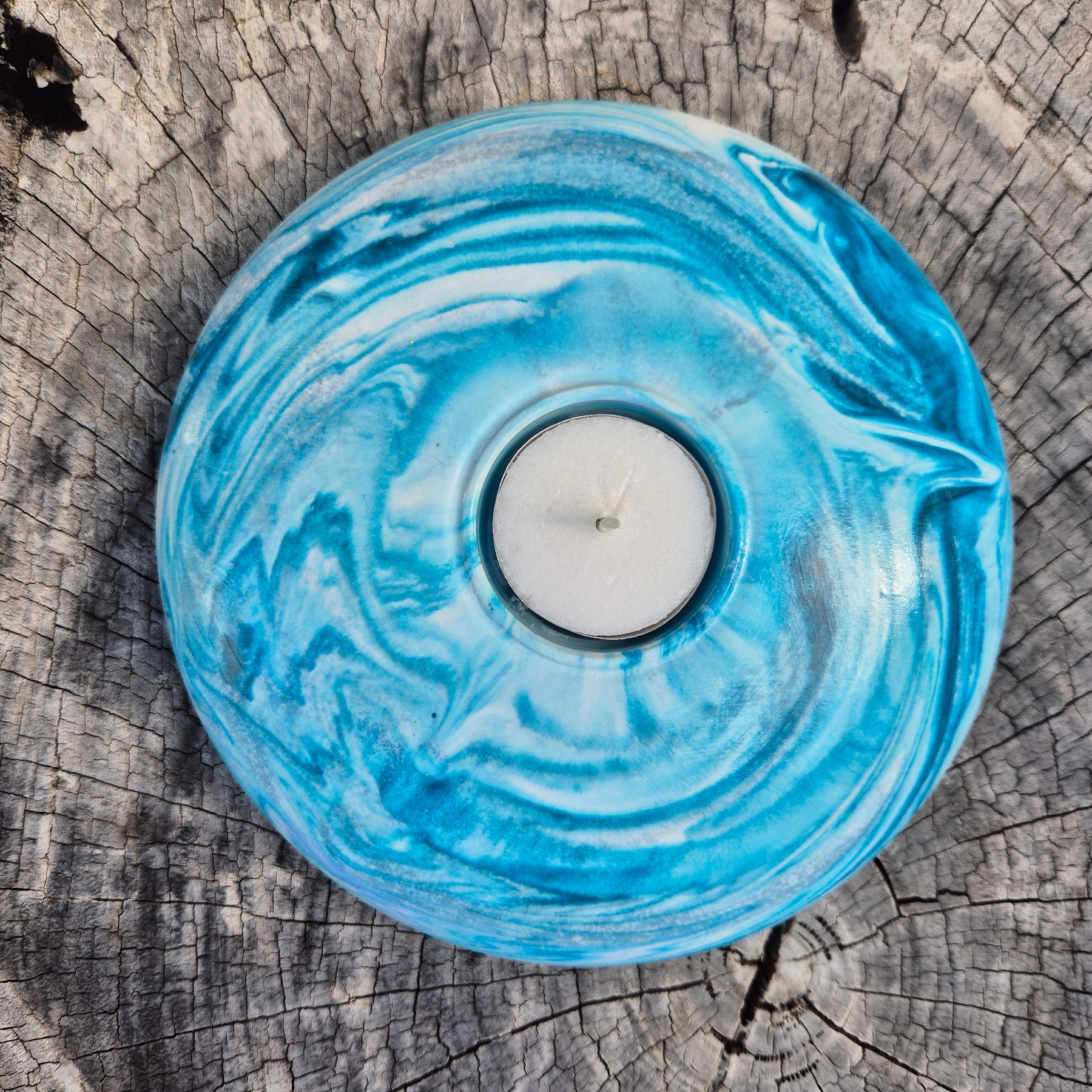 Large round concrete tealight candle holder in teal