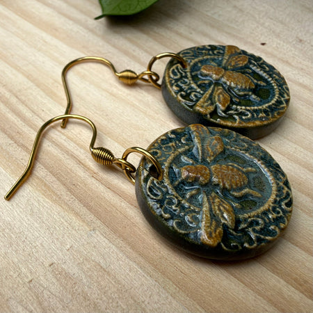 Ceramic Bee Earrings Gold Circle - Lightweight