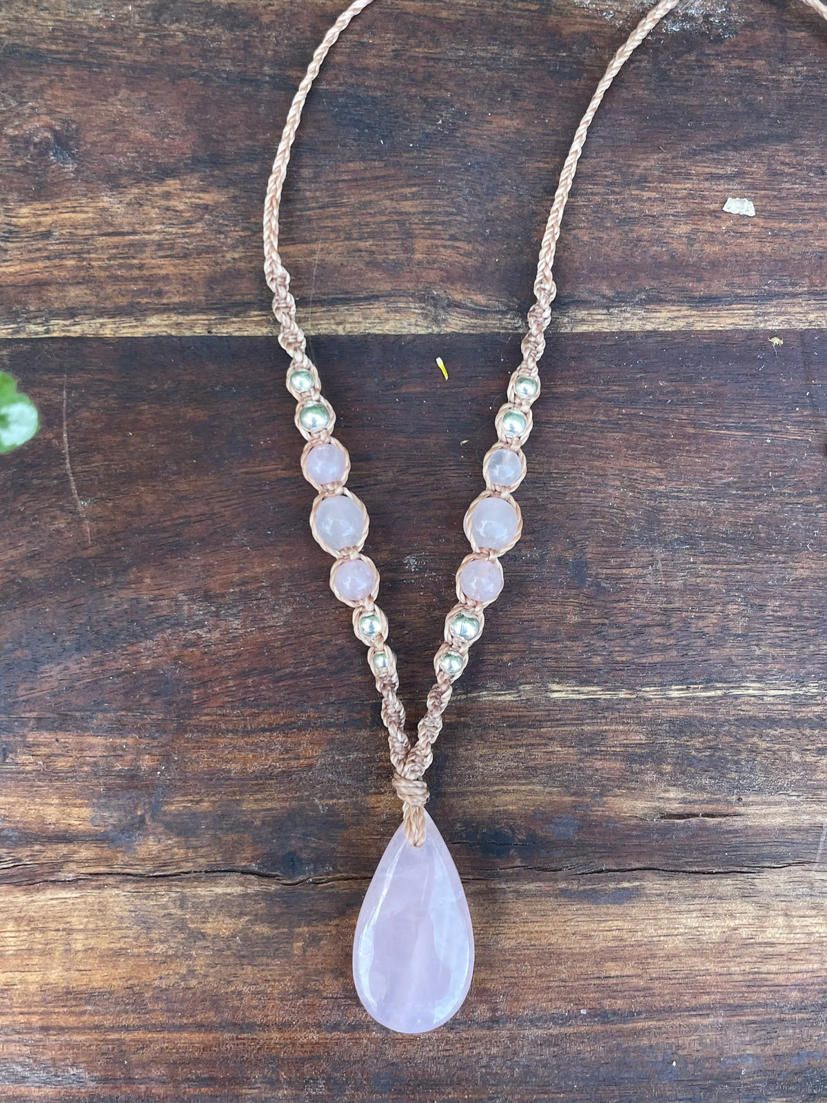 Rose Quartz Pendant, macrame necklace boho