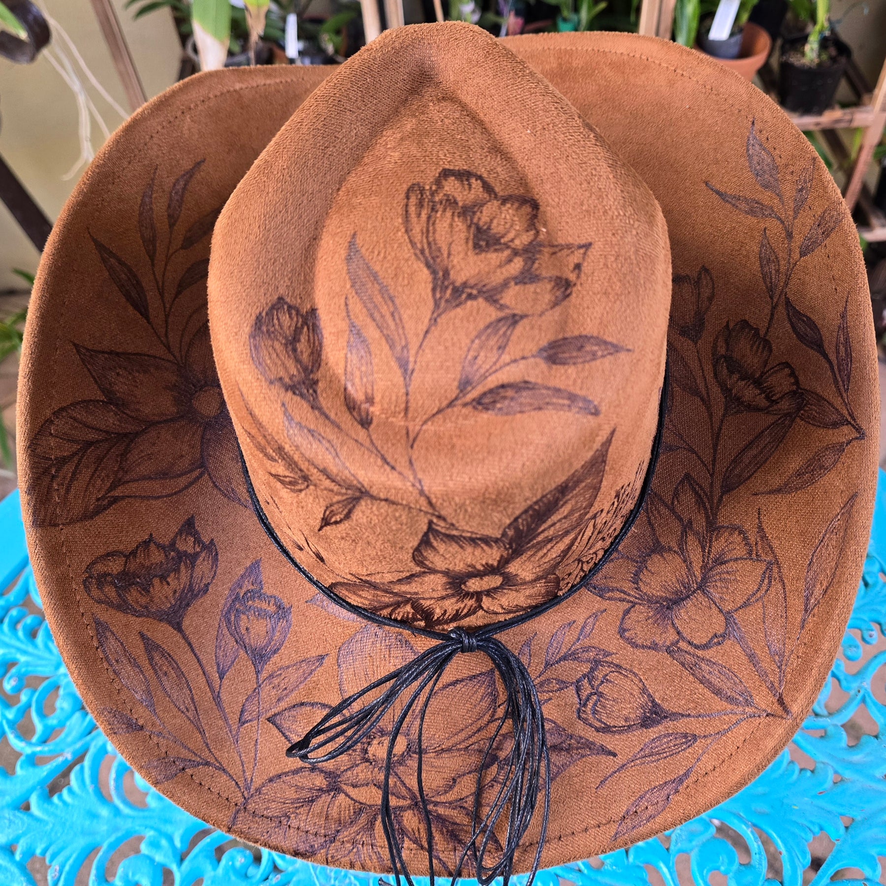 Hand burnt pyrography cowboy hat: The Wild Botanical