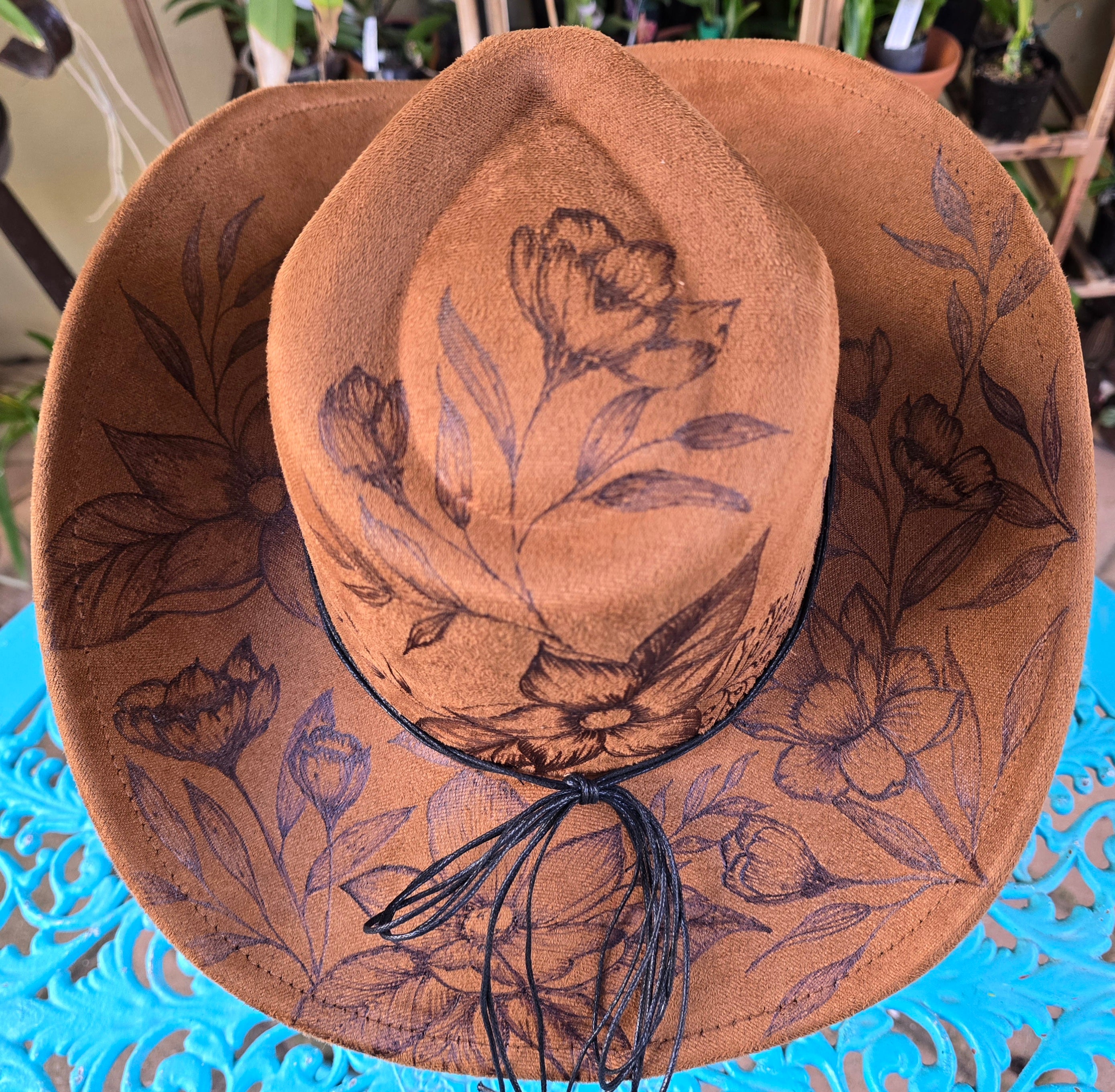 Hand burnt pyrography cowboy hat: The Wild Botanical
